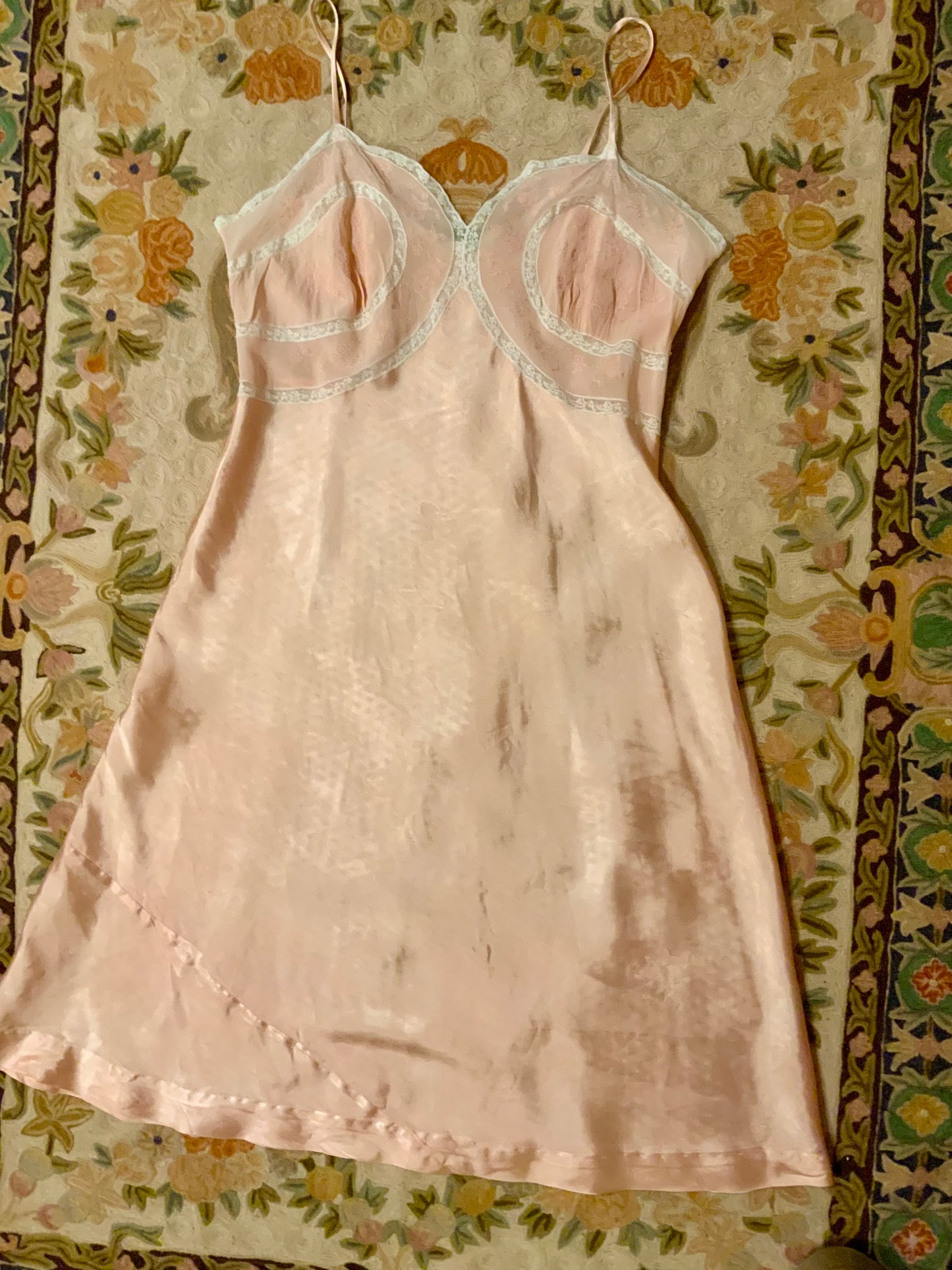 1930s Blush Satin & Chiffon Slip Dress – Floral Embroidery & Lace Panels - 30BA