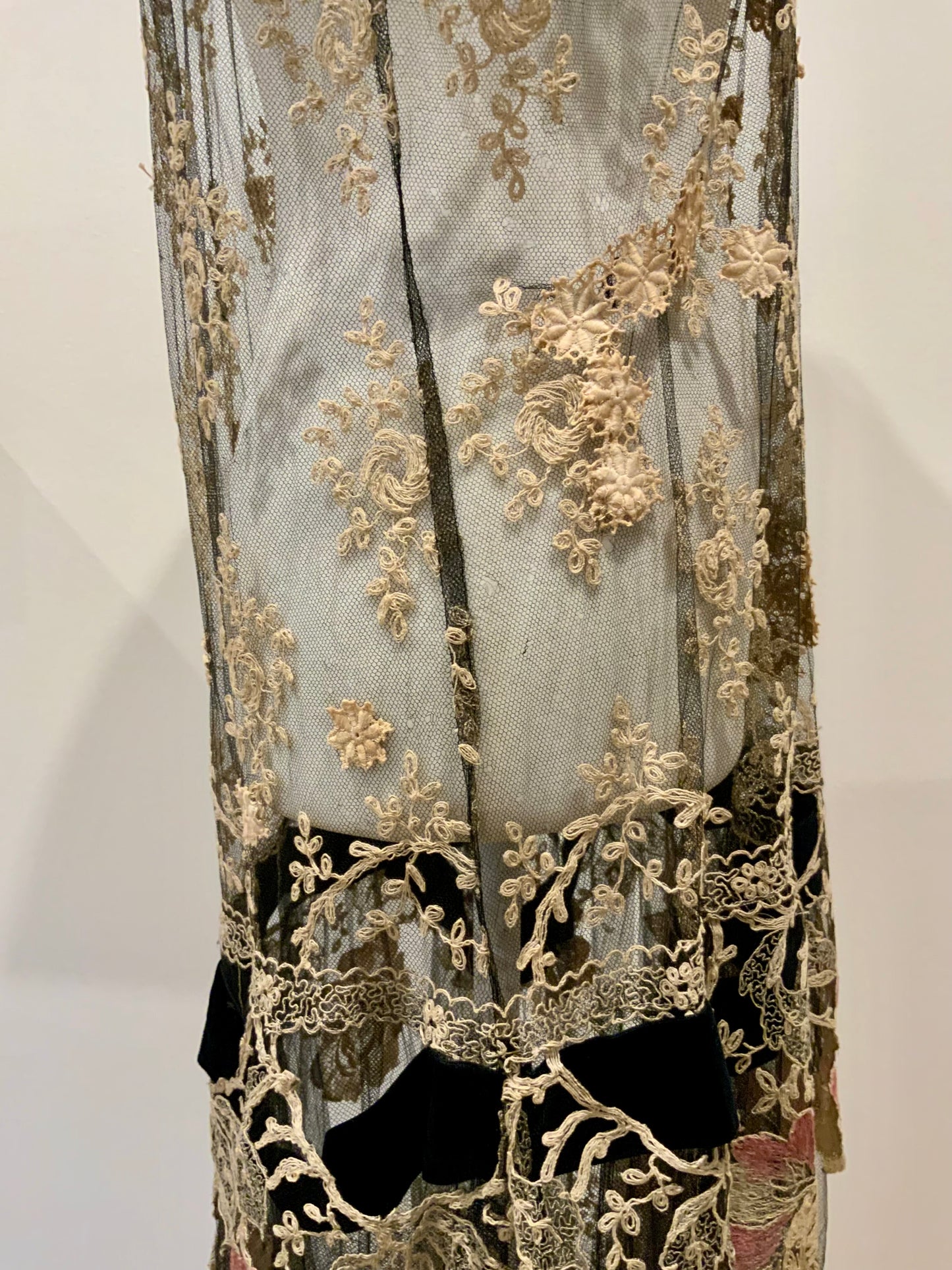 Rare 1920s French Lace Dress. Black Net & Pink Floral Embroidery. Restored Antique Flapper Dress.20AT.