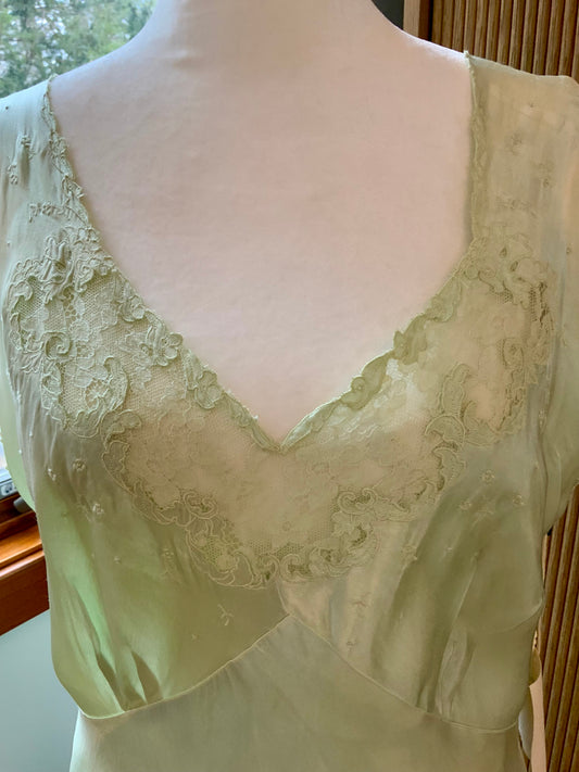 1930s Silk Satin Bias Cut Gown – Hand Dyed Celadon Mint – Vintage Lace Evening Slip Dress
40U