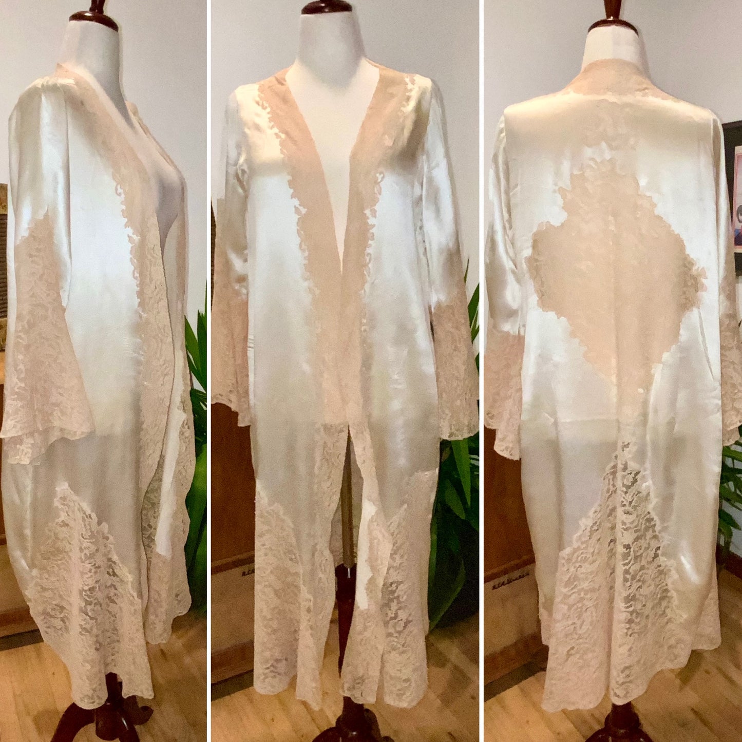 1930s Pure Silk & Lace Robe – Ivory Antique Peignoir with Hand – Luxury Vintage - 30AR