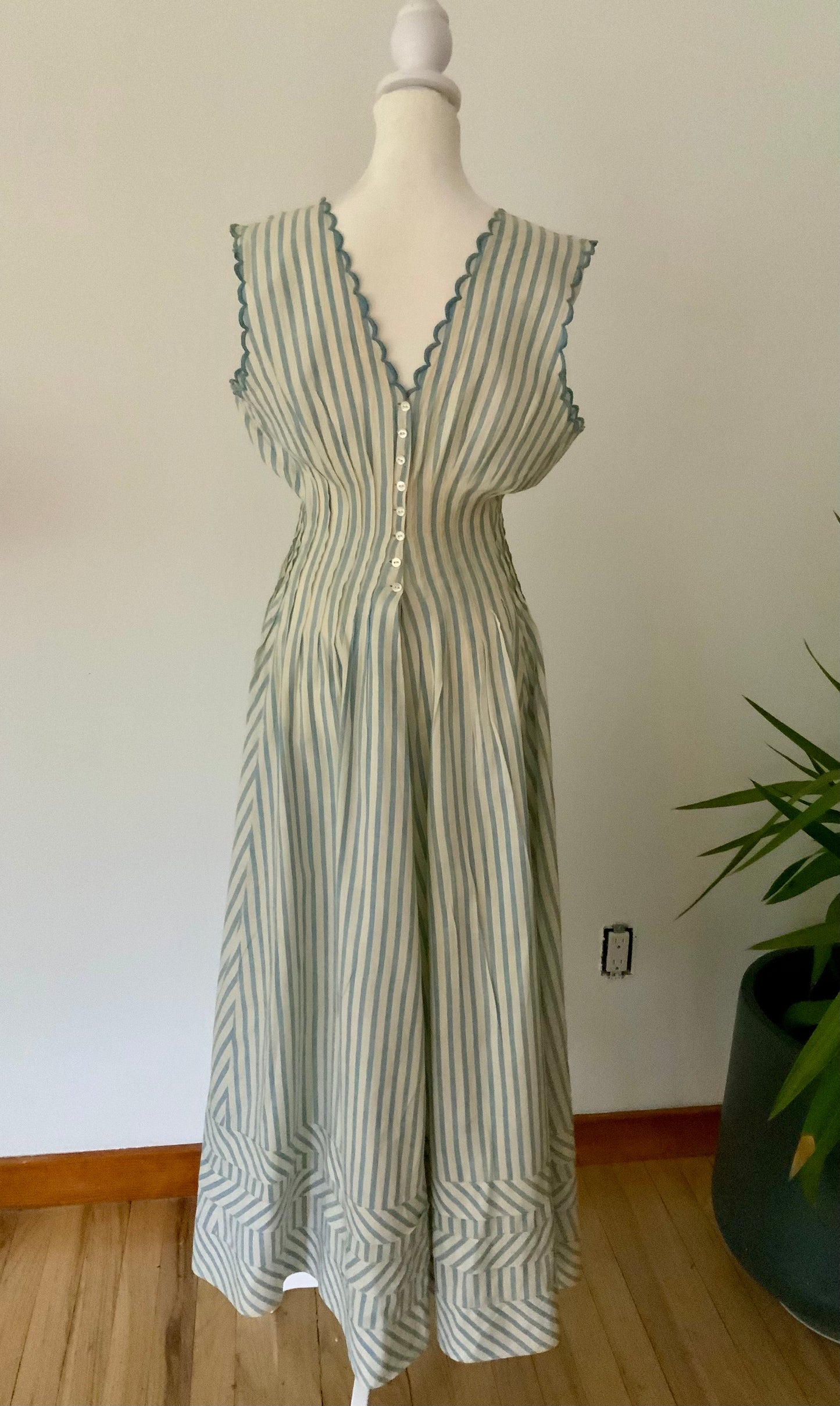 Rare 1915–1922 Edwardian Blue & Ivory Striped Cotton Summer Dress with Chevron Hem-ED42