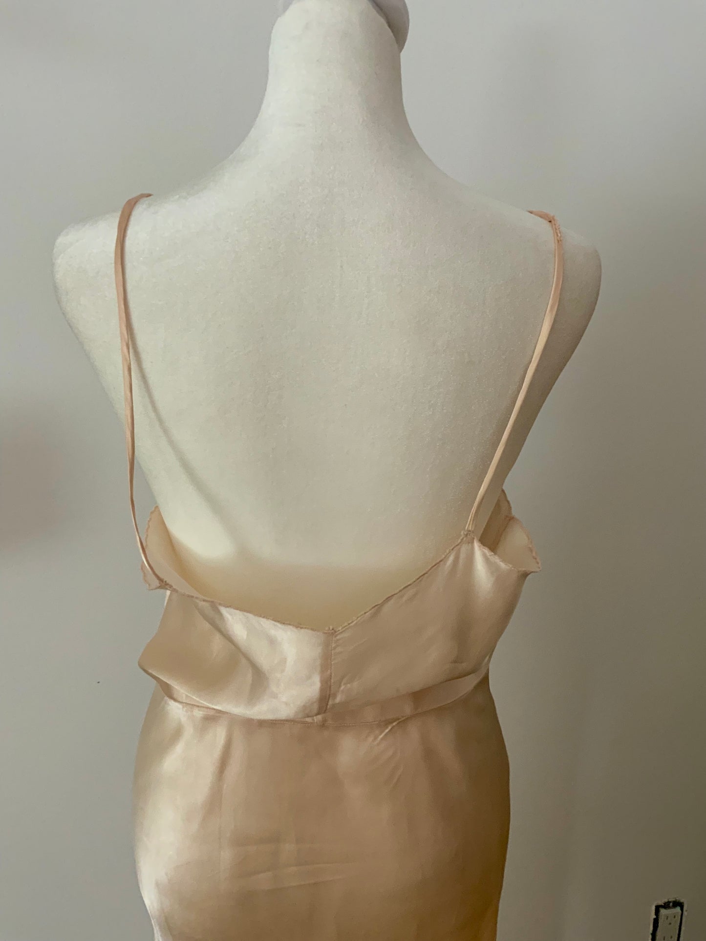1930s Silk Satin Bias Cut Slip Dress with Floral Lace | Champagne Vintage Lingerie Gown-30BC