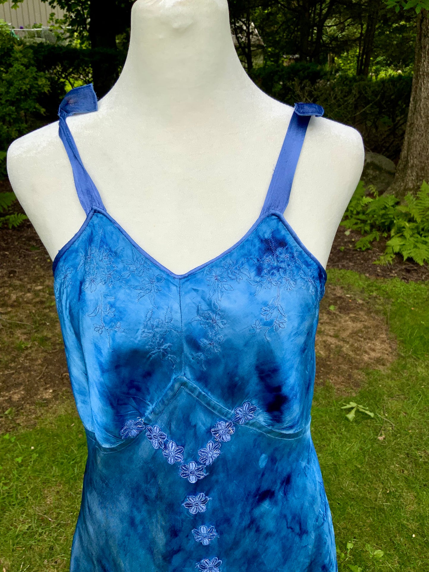 1930s Hand Dyed Blue Satin Nightgown with Floral Appliqués.40CG
