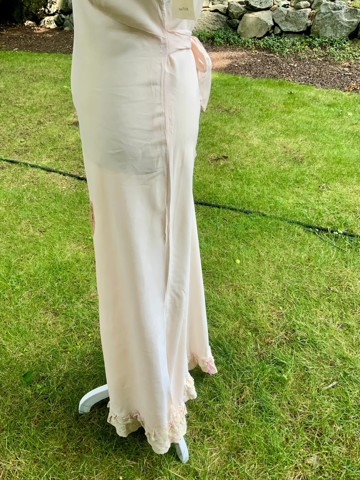 1930s Pale Peach Bias Cut Nightgown. Lace and Ribbonwork Boudoir Gown. Cap Sleeve Satin Lingerie.30CS