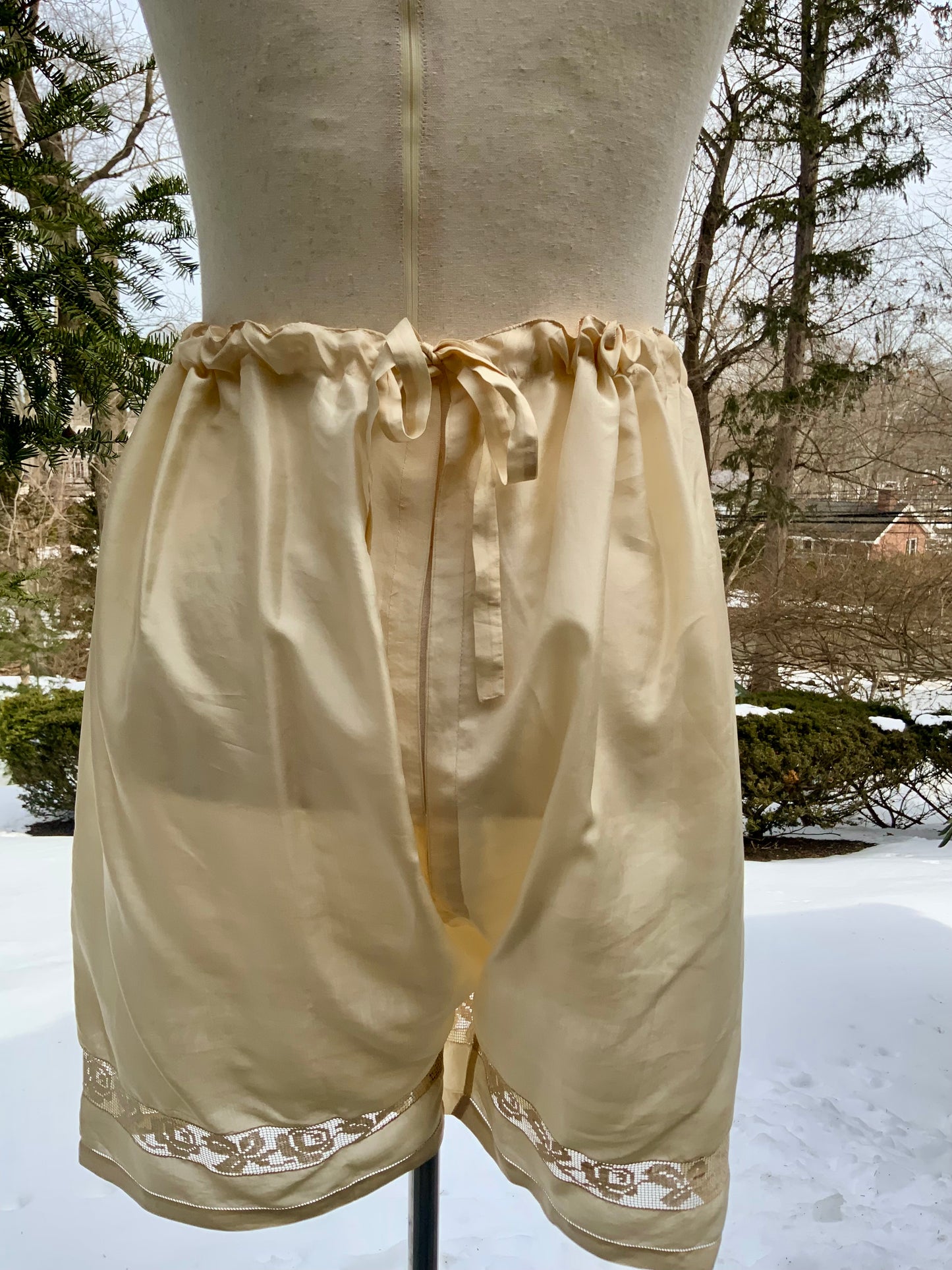 Antique 1910s–1920s Pure Silk Bloomers with Filet Lace Inset | Edwardian Lingerie Drawers-ED57