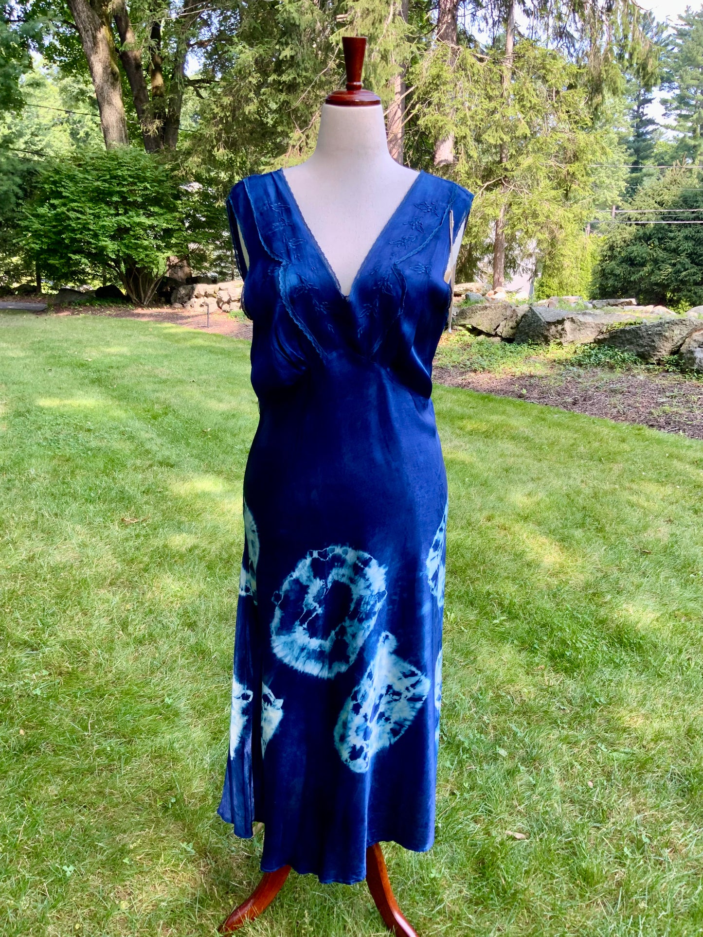 1930s Hand-Dyed Indigo Silk Slip Dress with Batik Resist Dye | OOAK
-40BN
