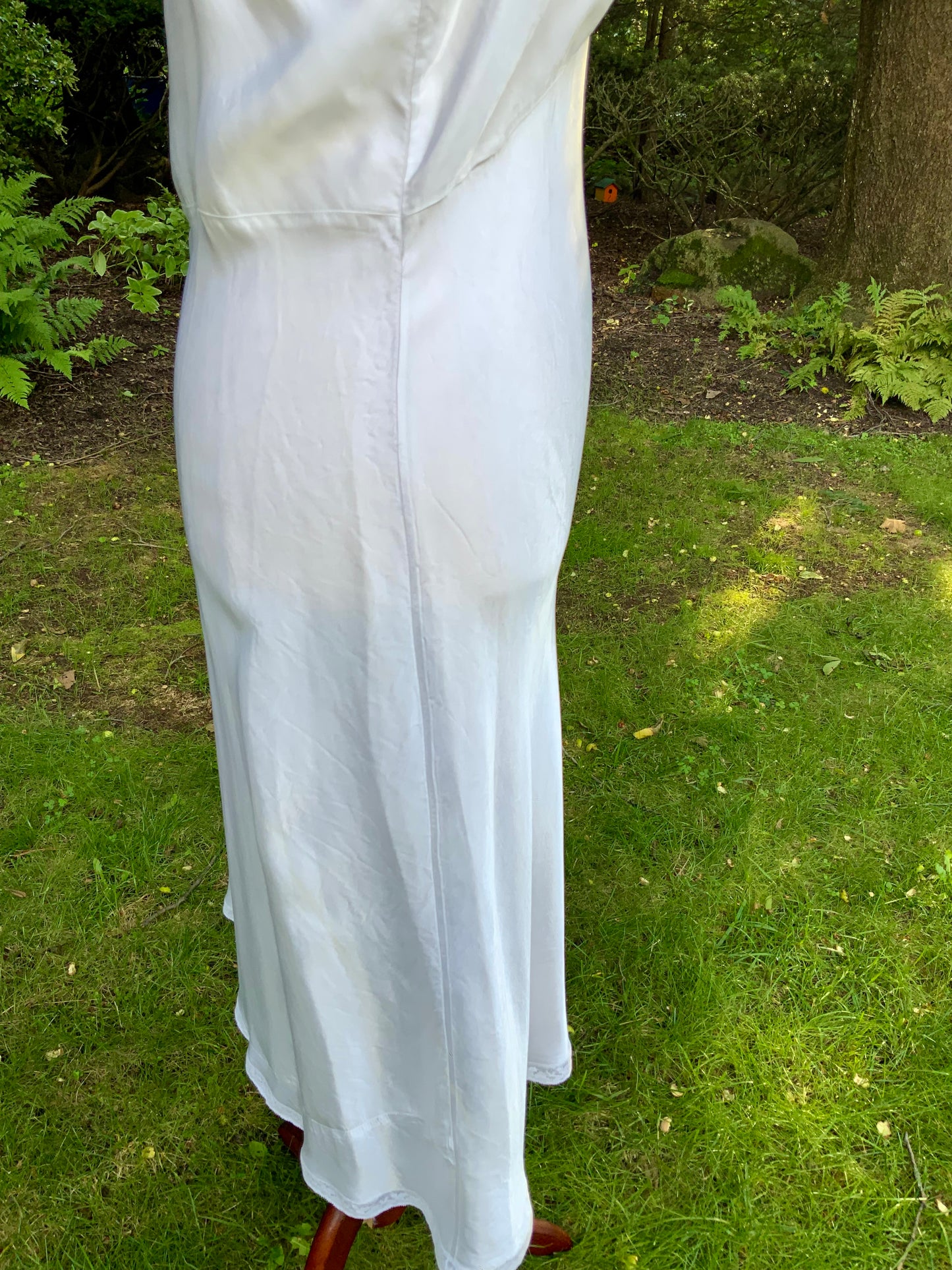 1930s White Satin Bias Cut Slip Dress with Floral Lace .40BT