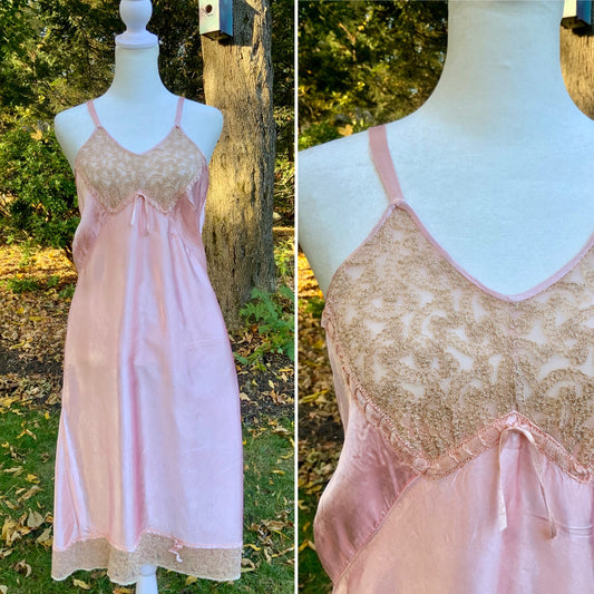 1930s Pink Rayon Satin Slip Dress – Vintage Lace Bodice & Hem-40B4