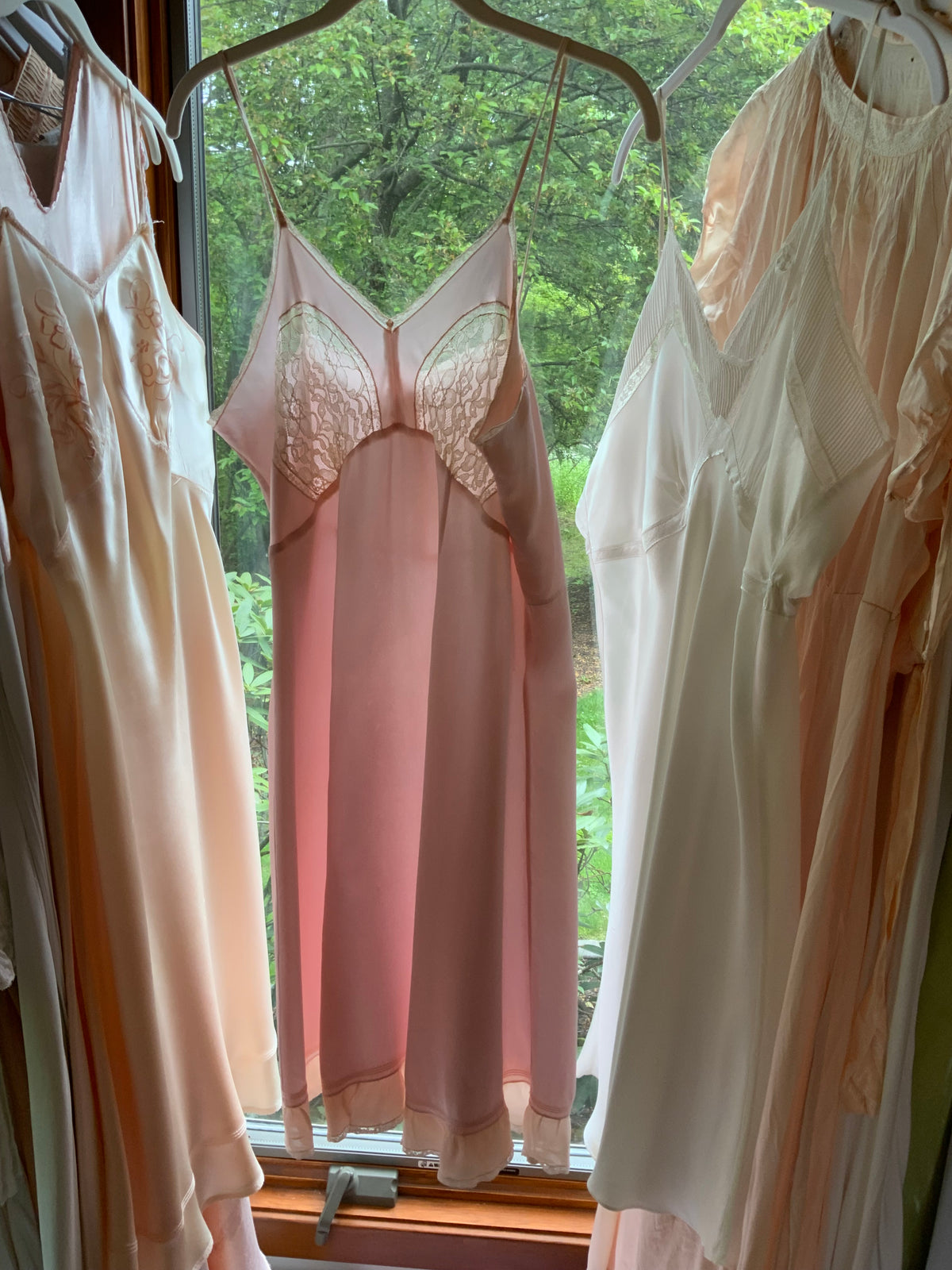 1930s Pink Satin Slip Dress with Lace and Chiffon Ruffle.30CJ
