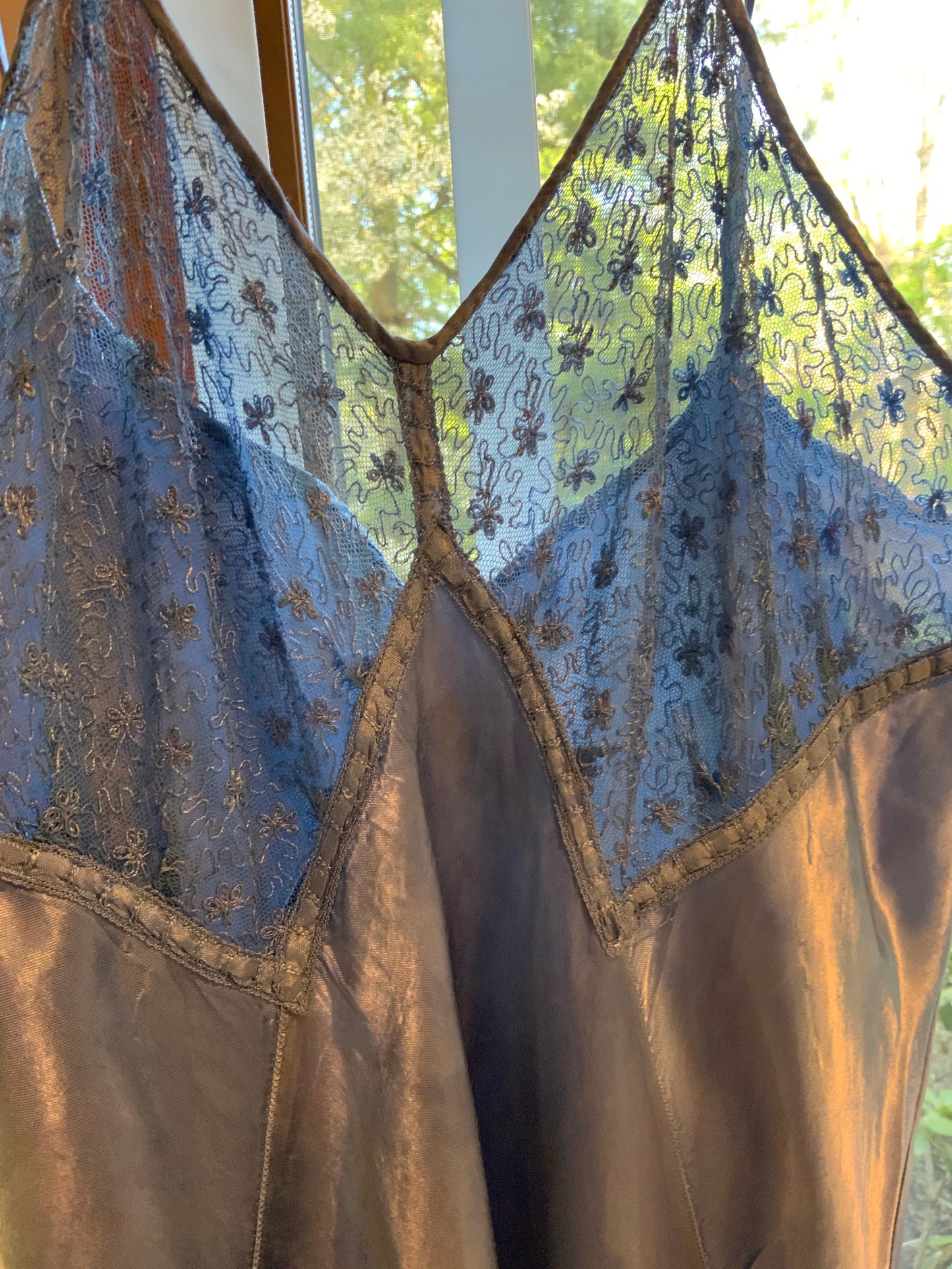 1930s early 40s Hand Dyed Blue Satin Slip Dress | Embroidered Sheer Bodice | Bias Cut Vintage Inspired Lingerie Dress | One of a Kind-40BH