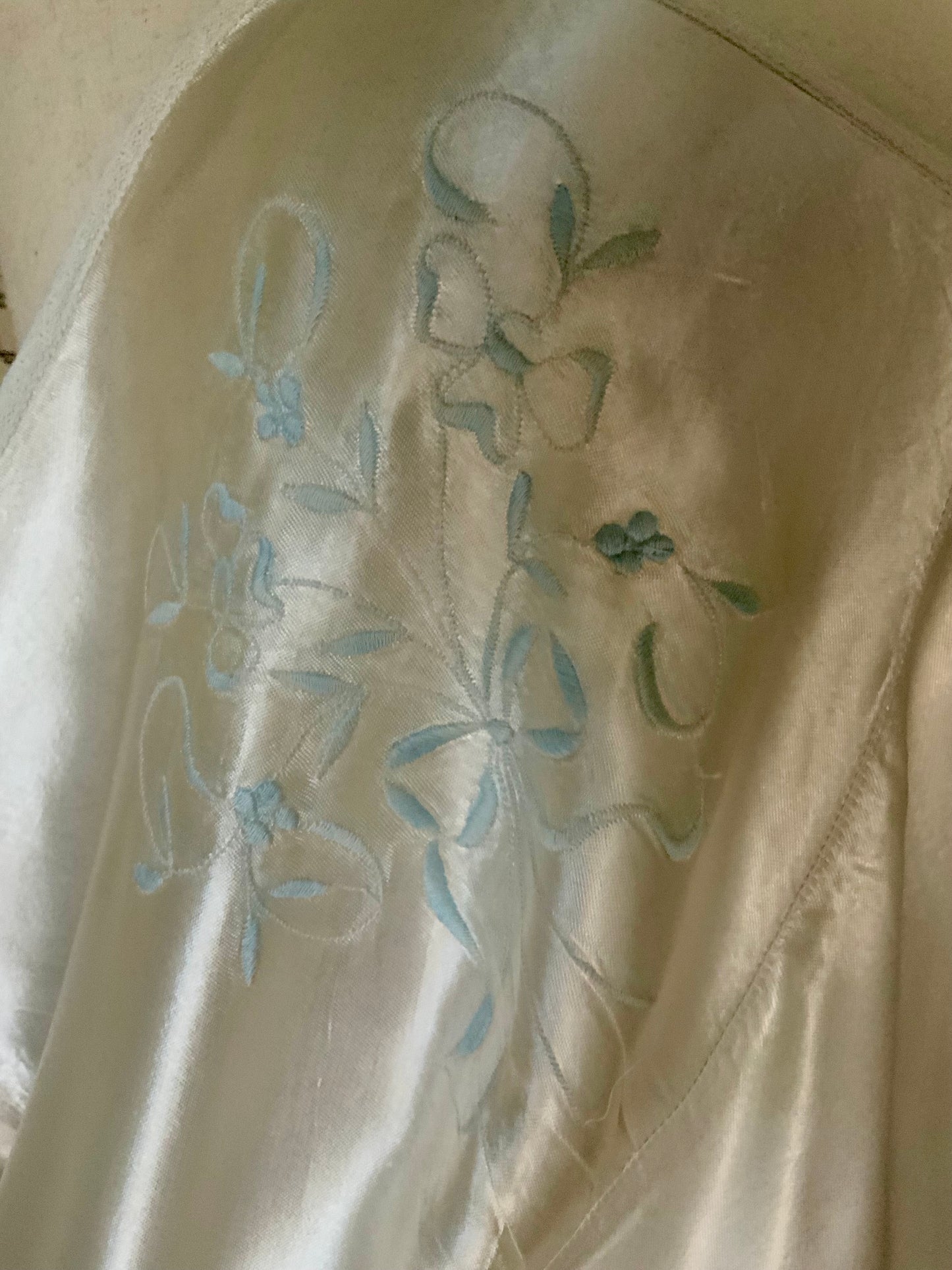 1930s Ivory Silk Satin Embroidered Slip Dress | Blue Floral Boudoir Nightgown | Bias Cut Bridal Lingerie | Old Hollywood Glamour-40AV