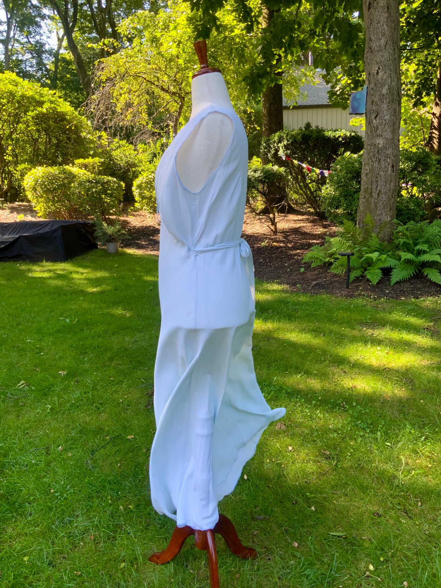 1930s Pale Blue Embroidered Nightgown with Draped Bodice and Velvet Ribbon.30CL