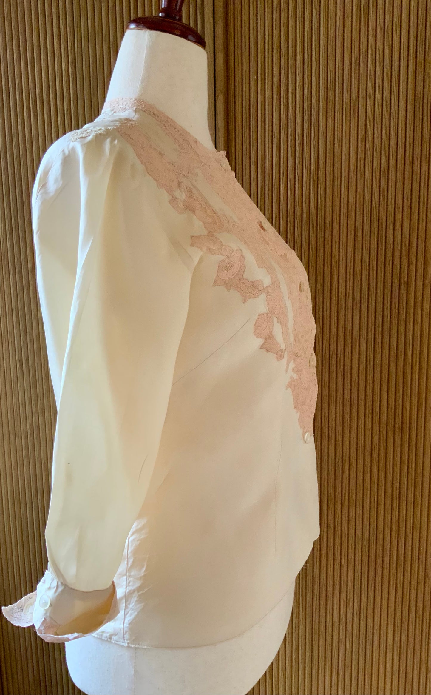 1930s Silk Blouse with Blush Lace Appliqué – Sheer Antique Chiffon Top, Romantic Lingerie Style, Bridal Boudoir Vintage-30BG