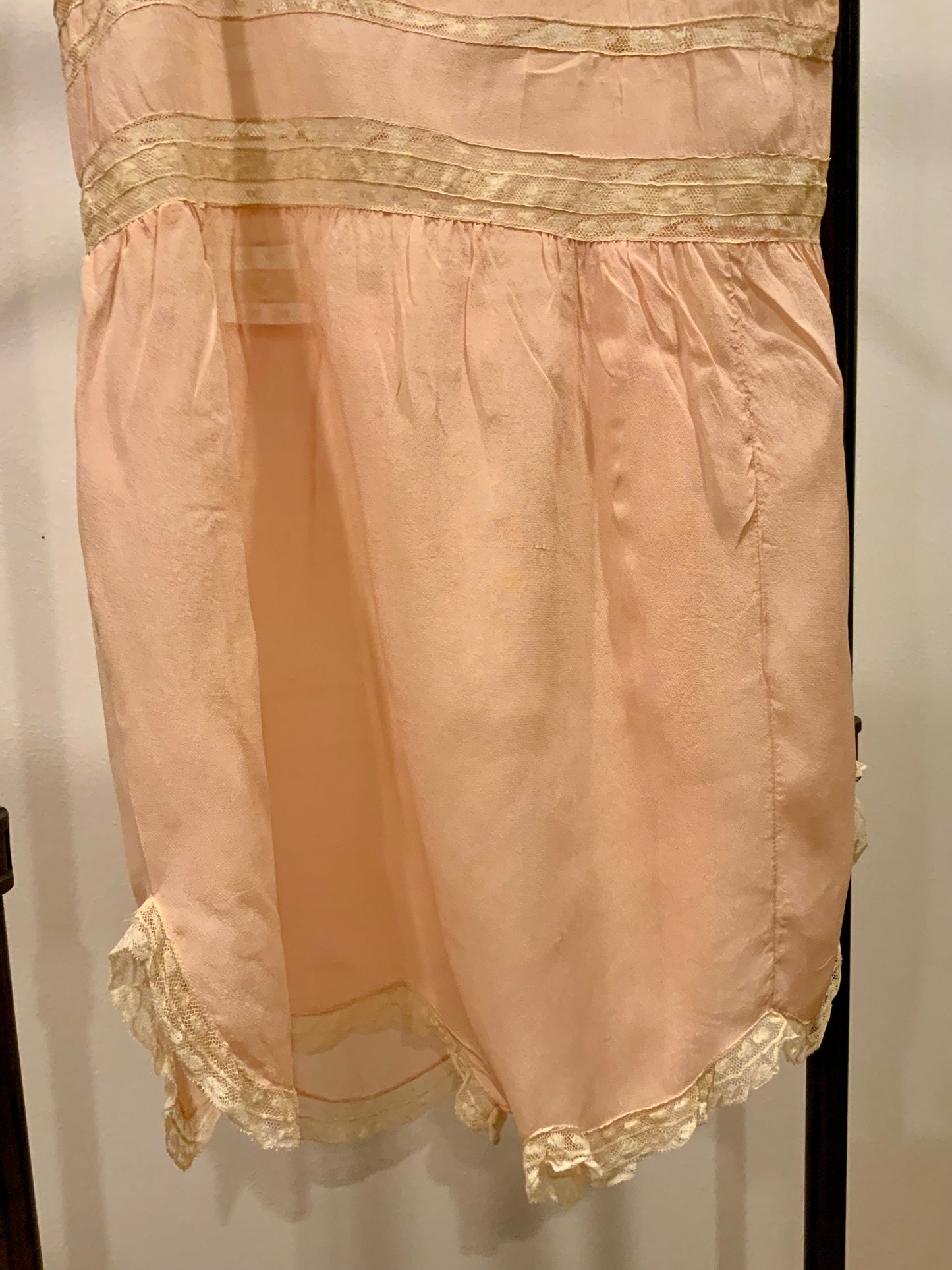 Circa 1912–1918 Blush Pink Silk Chiffon Teddy with Antique Lace – Edwardian Boudoir Lingerie-ED47