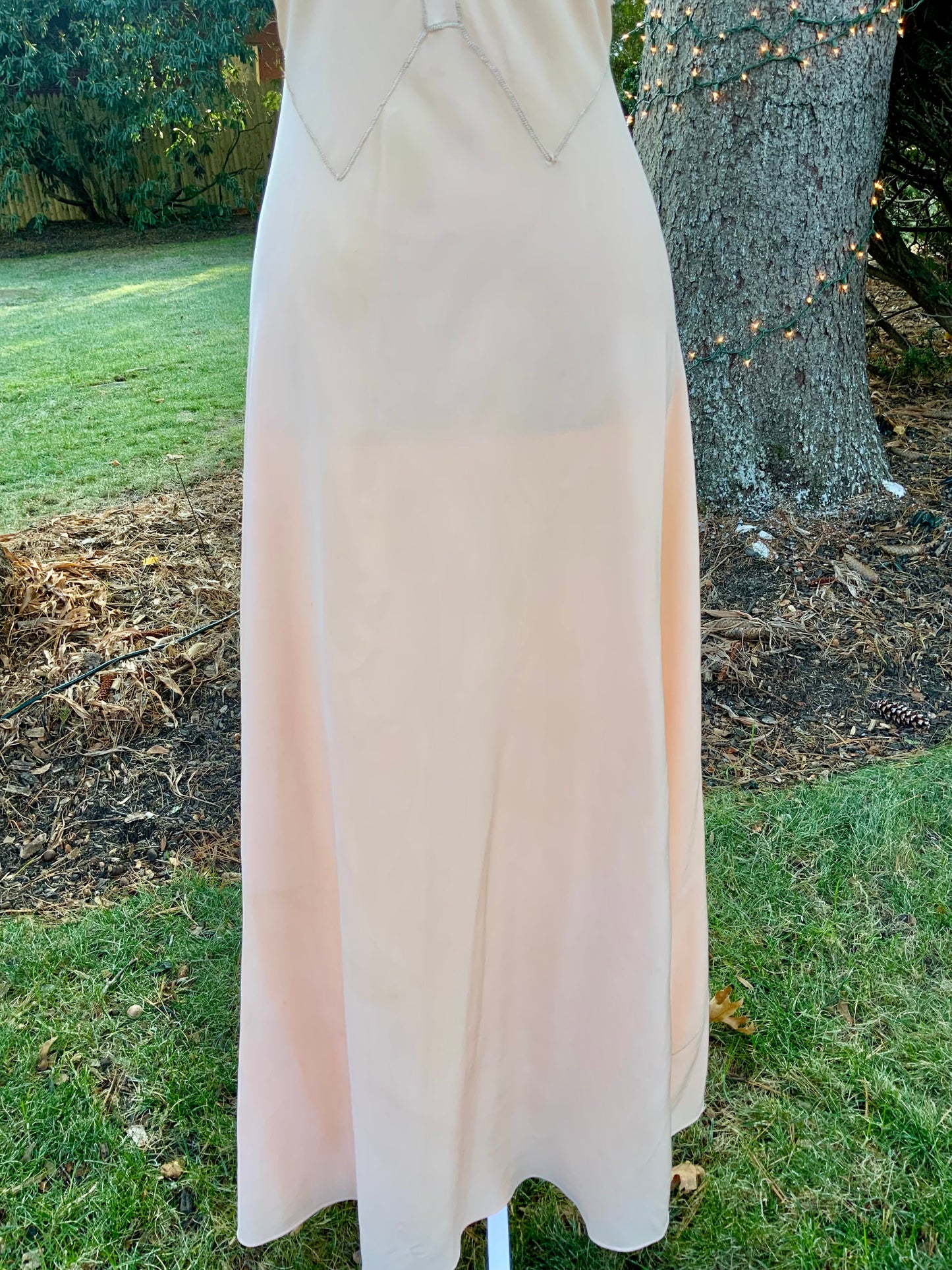 1930s Peach Rayon Nightgown with Art Deco Embroidery & Restored Lace Appliqués – Bias Cut Vintage Lingerie - 30AZ