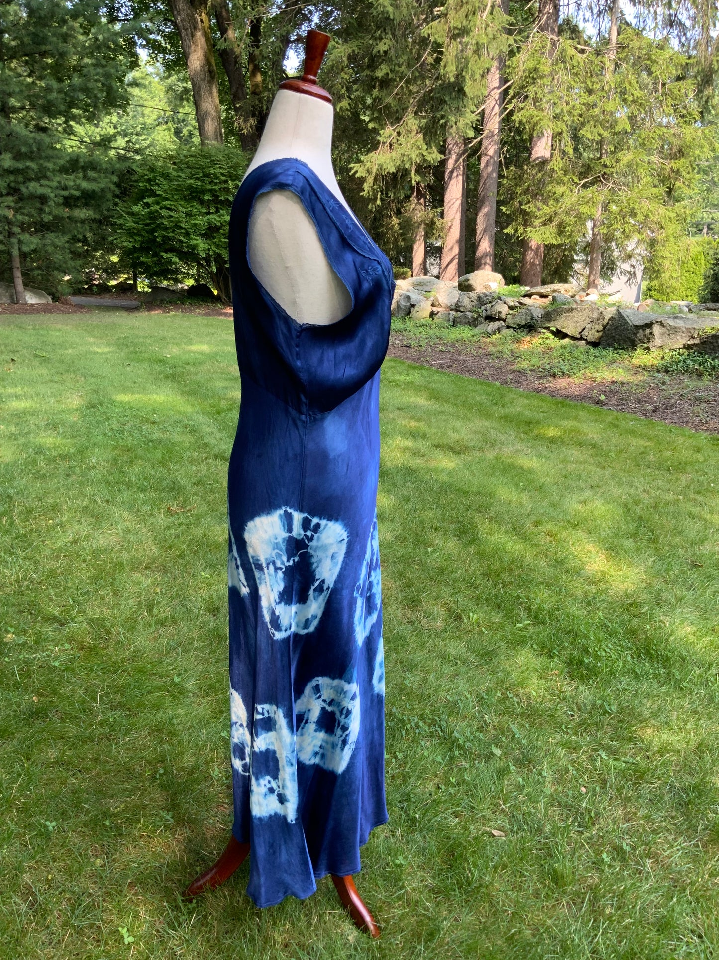 1930s Hand-Dyed Indigo Silk Slip Dress with Batik Resist Dye | OOAK
-40BN
