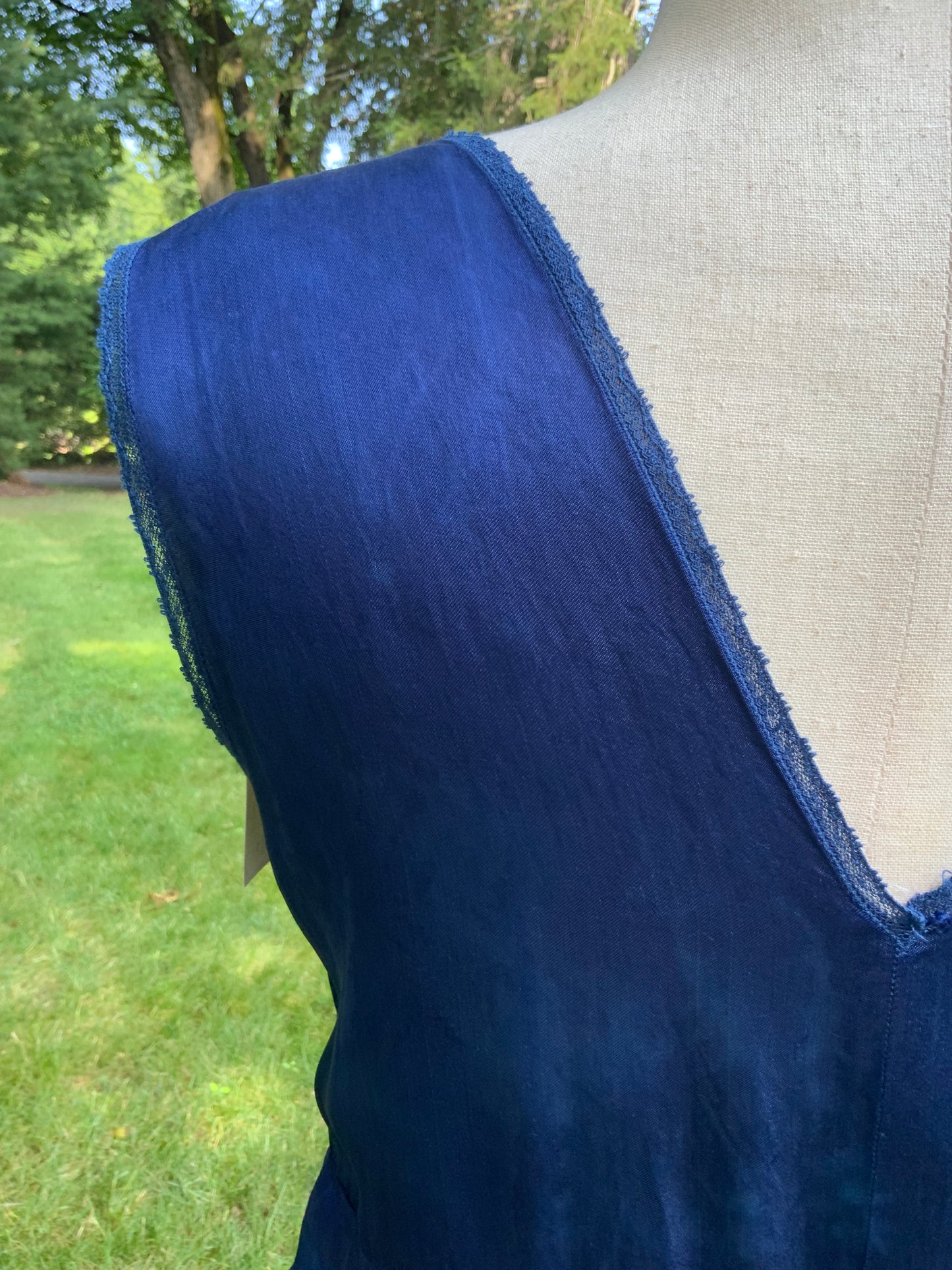 1930s Hand-Dyed Indigo Silk Slip Dress with Batik Resist Dye | OOAK
-40BN