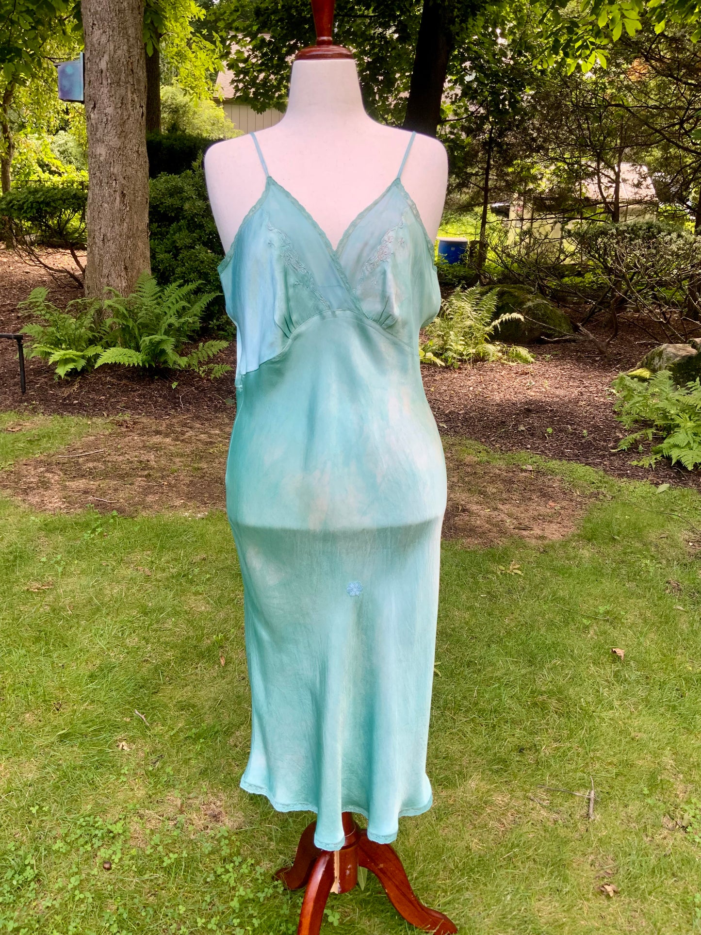 1930s Hand-Dyed Aqua Satin Slip Dress. Embroidered Bias Cut Slip with Sash.40CB