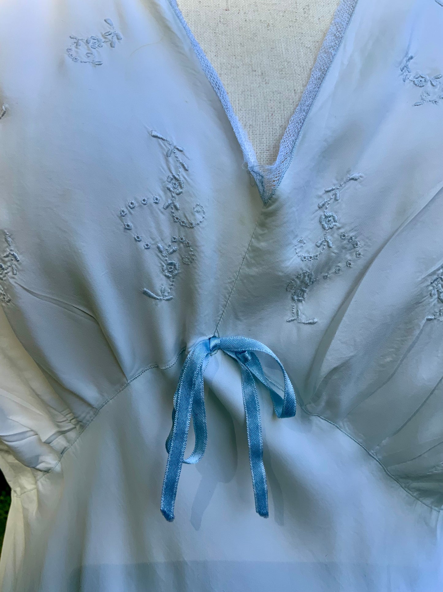 1930s Pale Blue Embroidered Nightgown with Draped Bodice and Velvet Ribbon.30CL