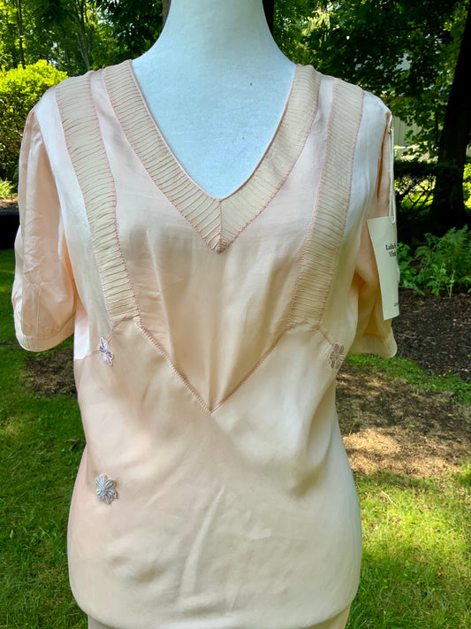 Rare Late 1930s Peach Silk Evening Gown. Pleated Bodice. Bias Cut. Restored Floral Details.30CY