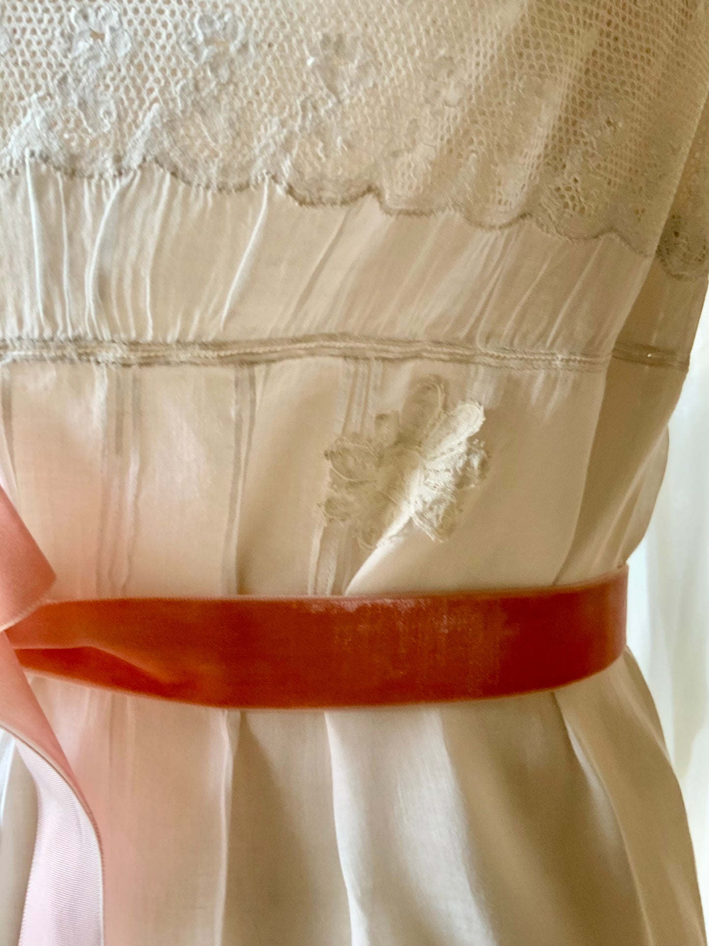 Antique 1910s Cotton Batiste Lingerie Dress with Lace Insertion & Hand Embroidery-ED74