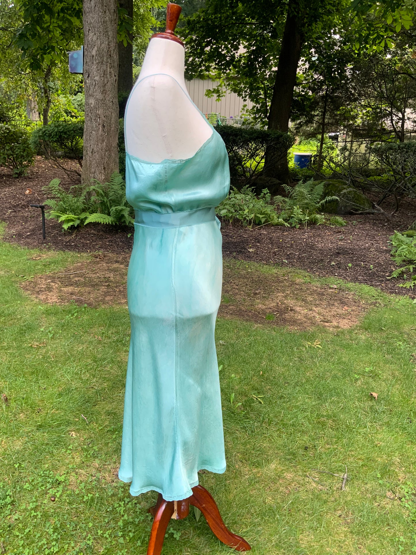 1930s Hand-Dyed Aqua Satin Slip Dress. Embroidered Bias Cut Slip with Sash.40CB