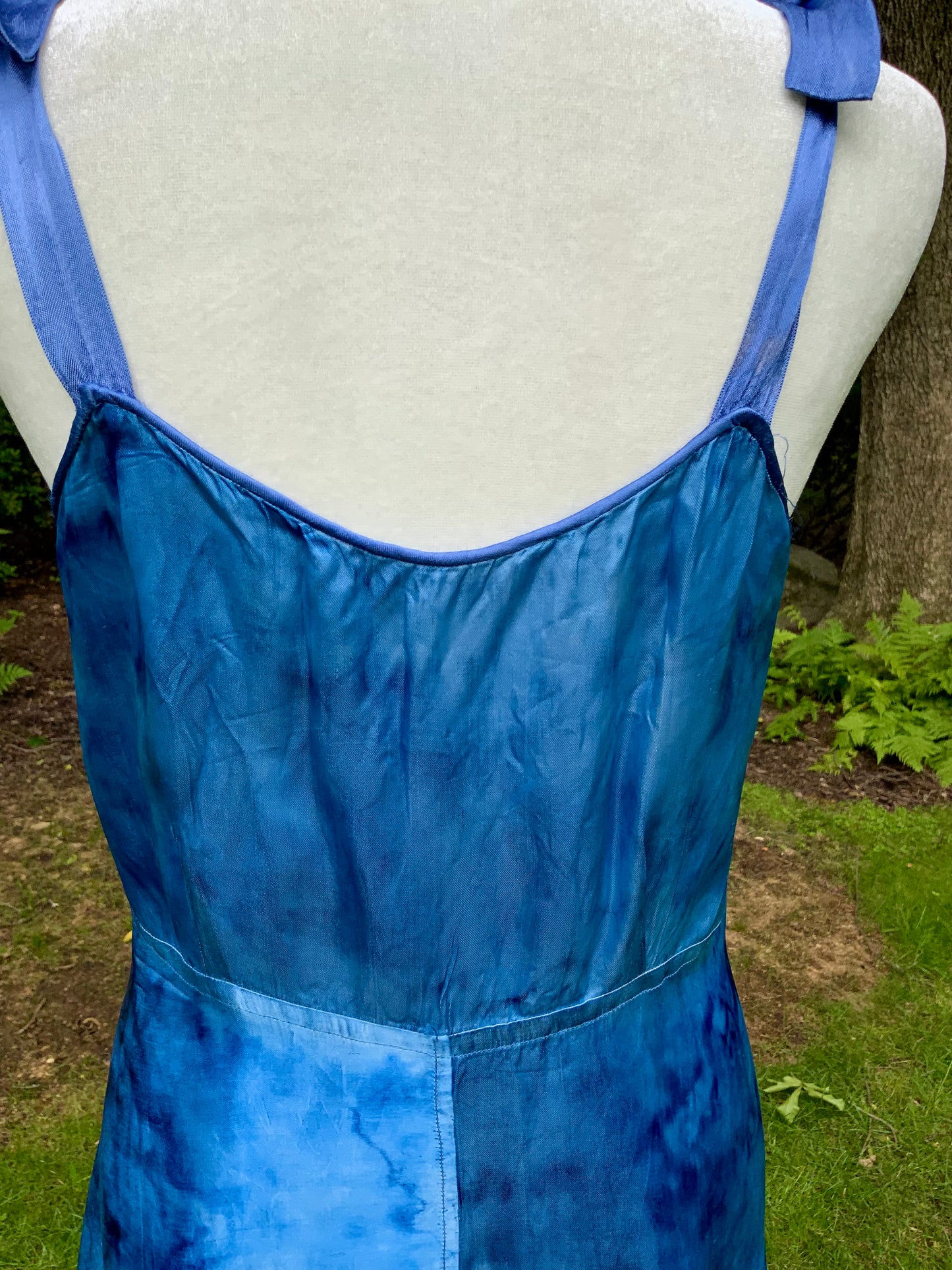 1930s Hand Dyed Blue Satin Nightgown with Floral Appliqués.40CG