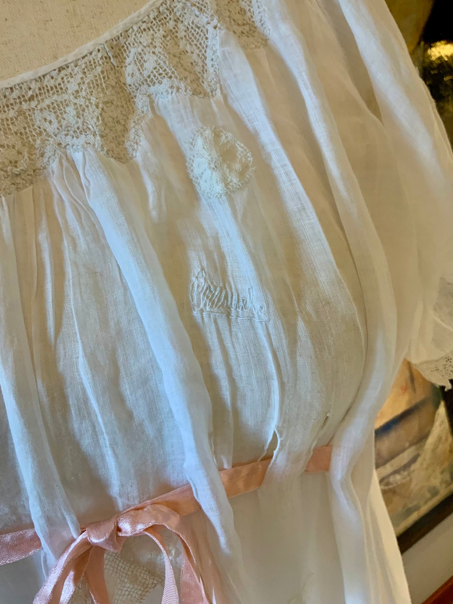 Antique Edwardian Cotton Nightgown “Carmela” Hand Repaired with Filet Lace Appliqués – Restored Heirloom Piece-ED81