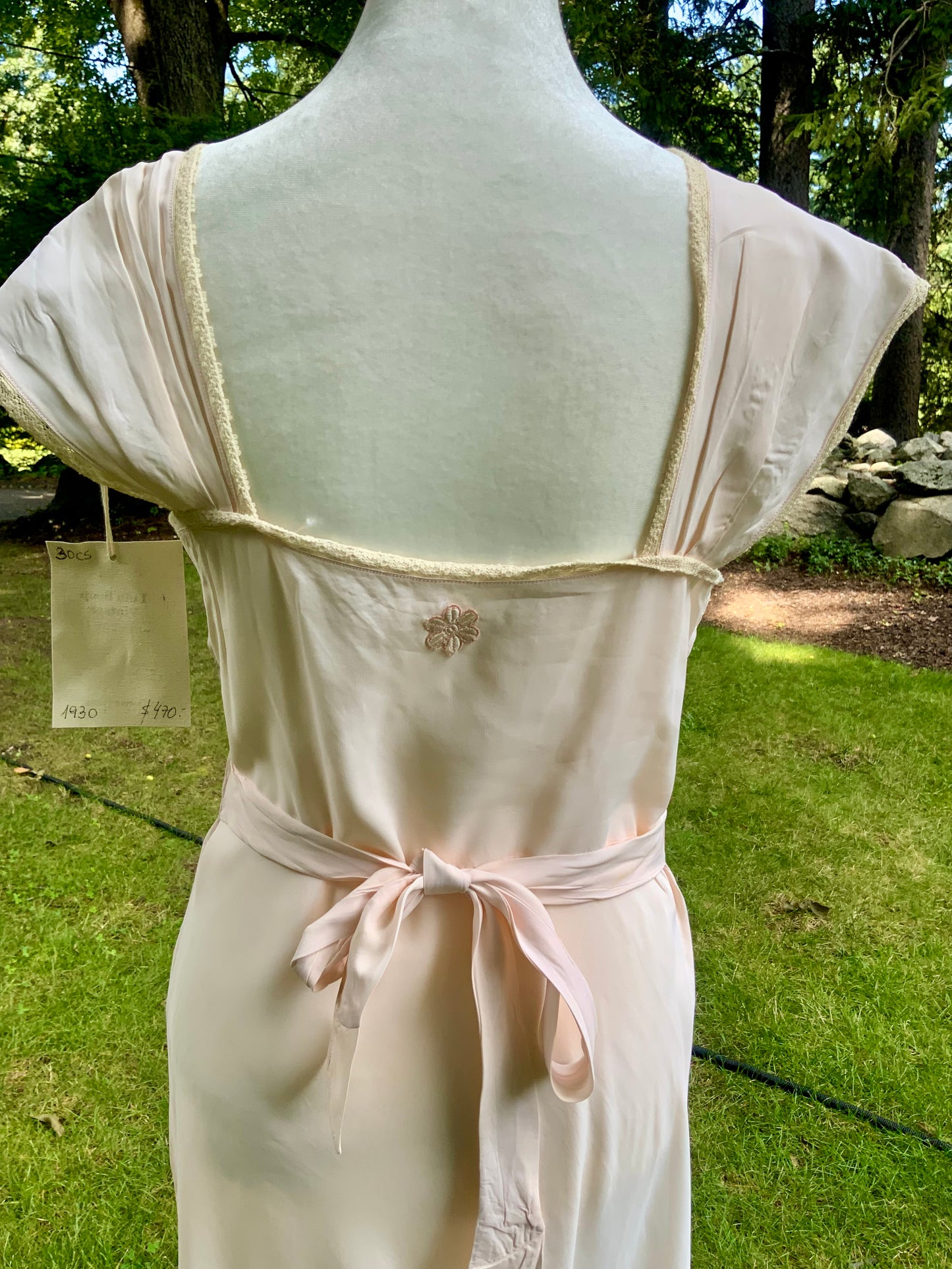 1930s Pale Peach Bias Cut Nightgown. Lace and Ribbonwork Boudoir Gown. Cap Sleeve Satin Lingerie.30CS