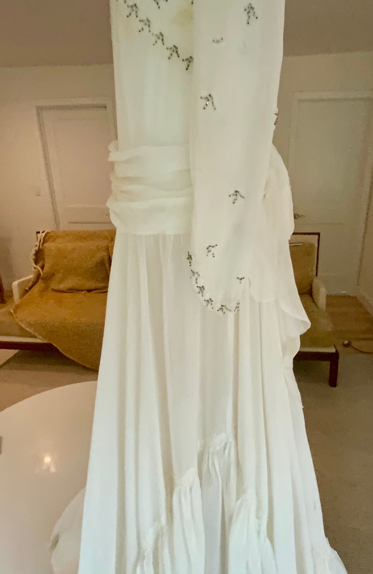 Circa 1940s Ivory Chiffon Wedding Gown with Beaded Shell Motifs and Lace Appliqués.40CH.