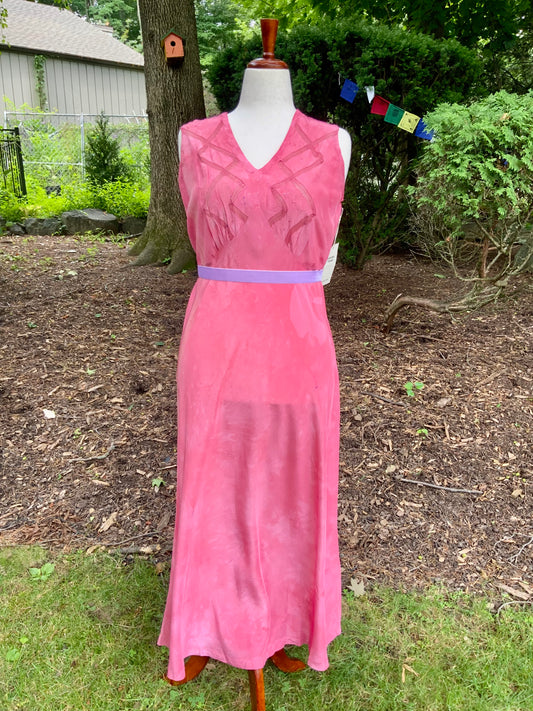 1930s Hand-Dyed Raspberry Pink Silk Bias Cut Dress | Art Deco Embroidered Bodice
-30BI