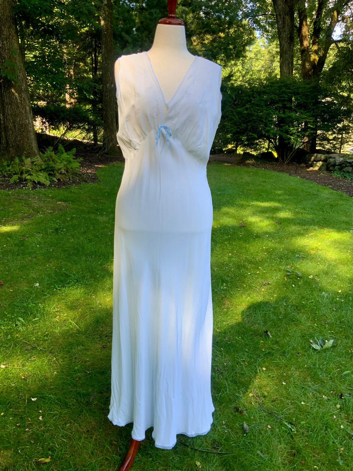 1930s Pale Blue Embroidered Nightgown with Draped Bodice and Velvet Ribbon.30CL