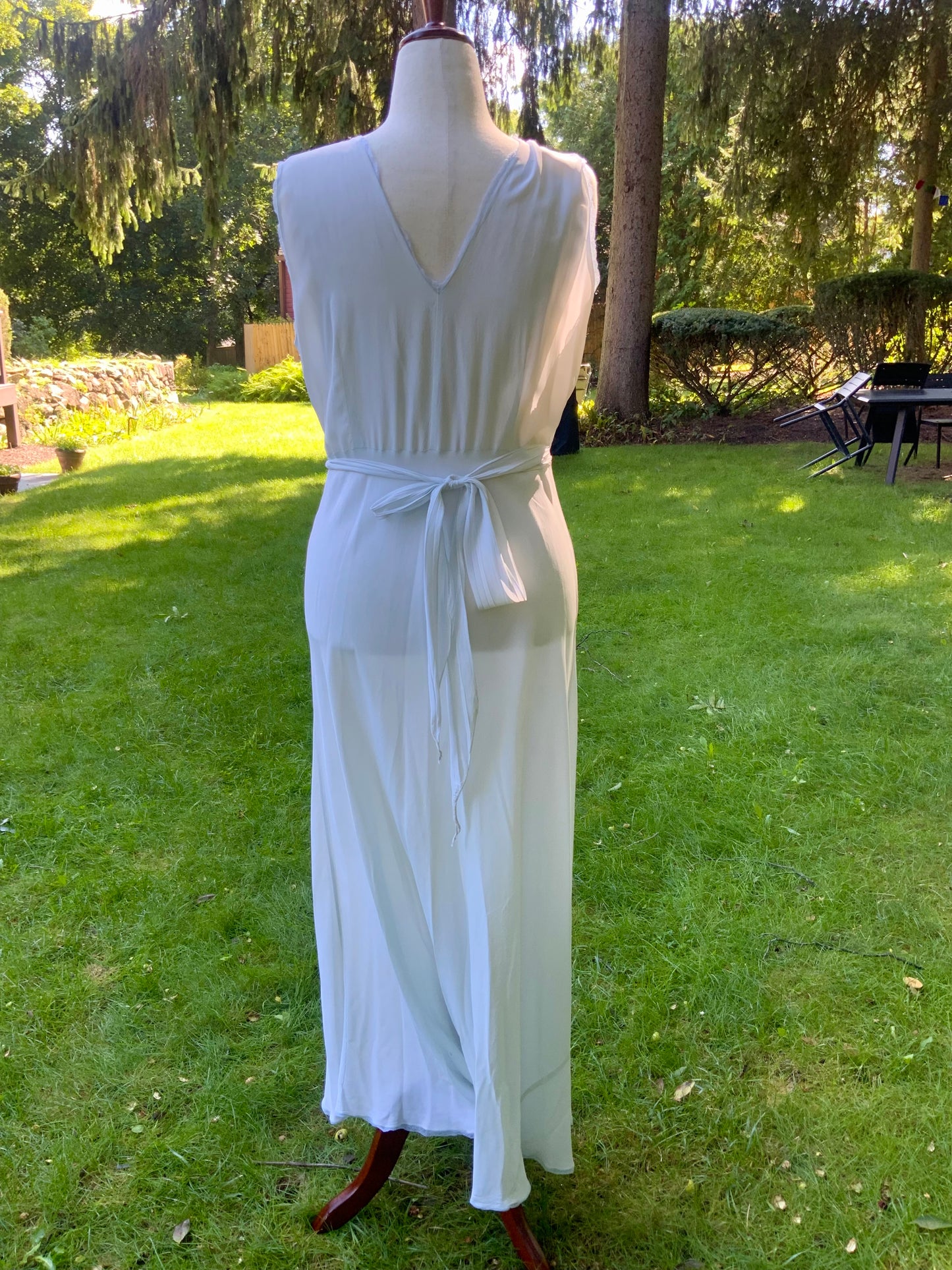 1930s Pale Blue Embroidered Nightgown with Draped Bodice and Velvet Ribbon.30CL