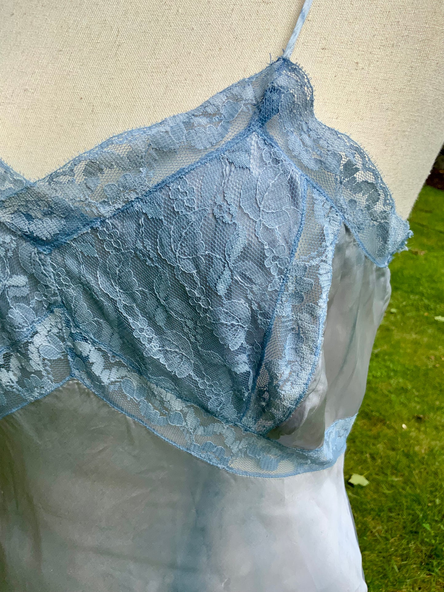 1930s Hand-Dyed Ice Blue Satin and Lace Bias-Cut Full Slip.50BA