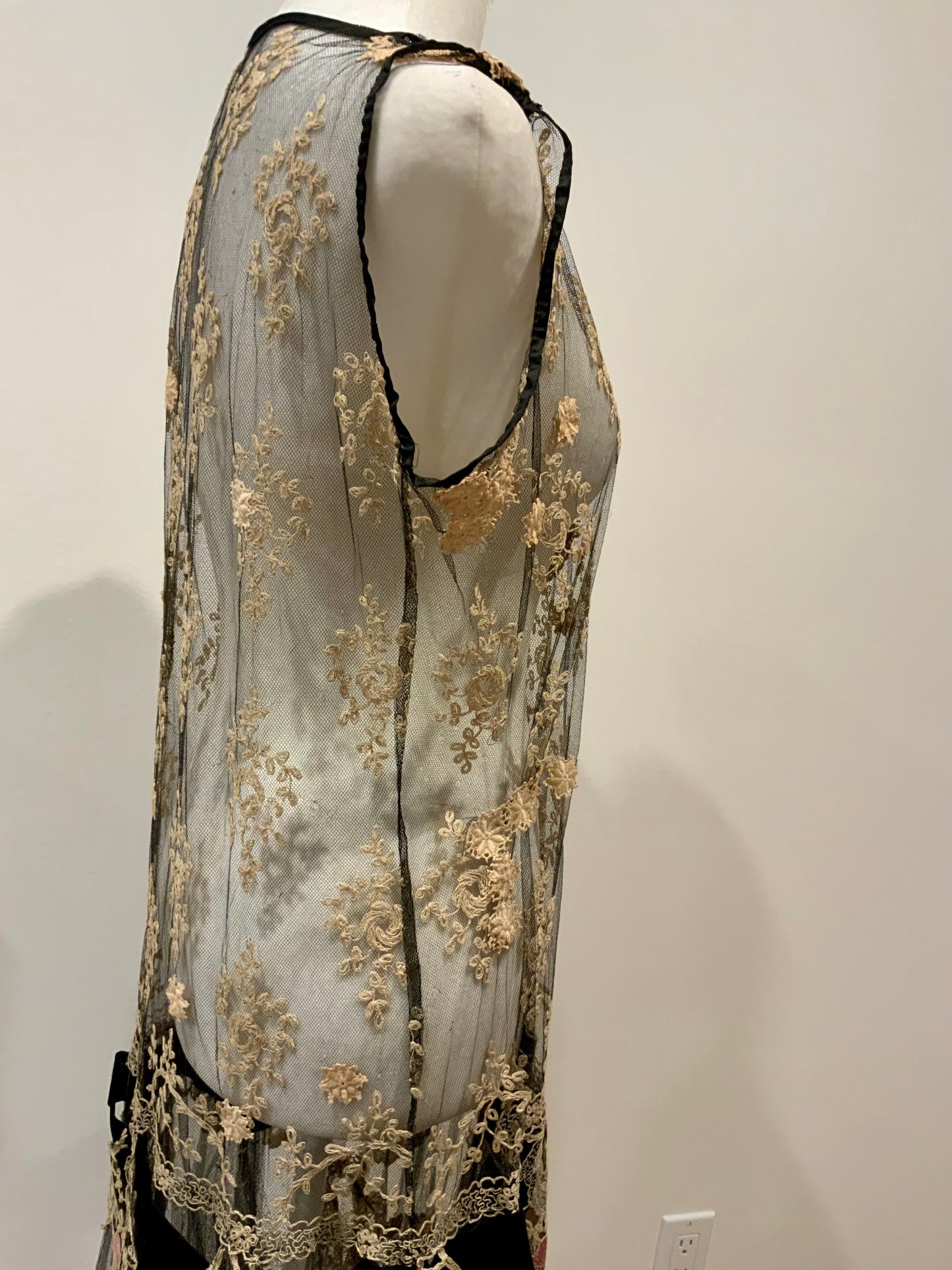Rare 1920s French Lace Dress. Black Net & Pink Floral Embroidery. Restored Antique Flapper Dress.20AT.
