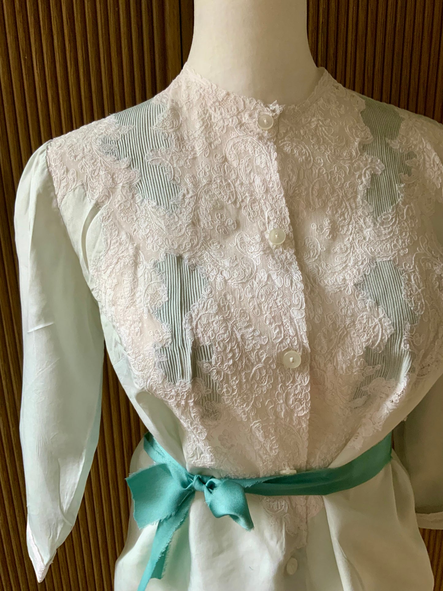 1940s Silk Satin Blouse with Lace Appliqué | Mint Green | Edwardian Revival-40AT