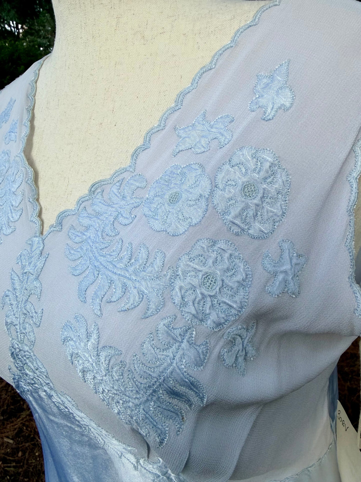 1930s Powder Blue Silk Satin Slip Dress | Embroidered Illusion Mesh Bodice |Large
-30BV