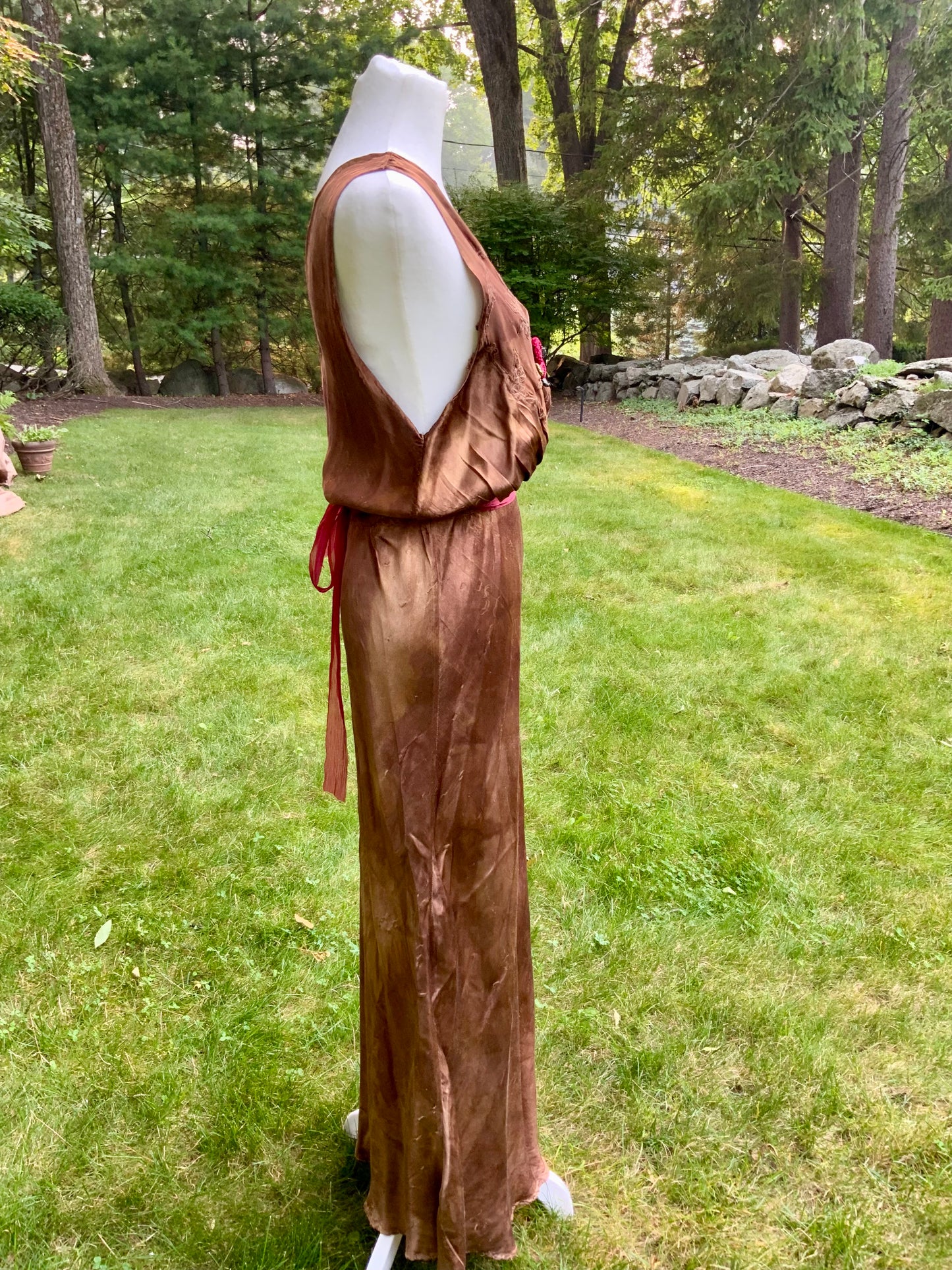 1930s Hand Dyed Silk Slip Dress Chocolate Brown Bias Cut Art Deco Embroidered Bodice OOAK
-40BK