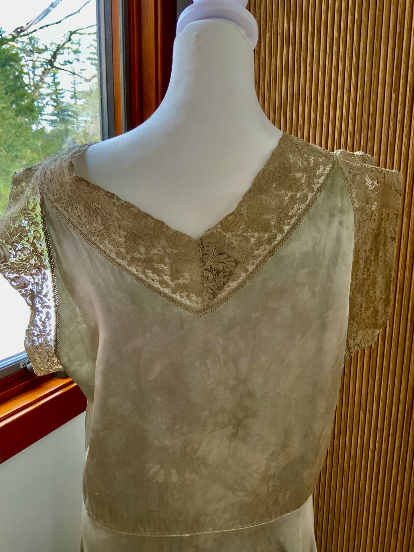 1930s Hand-Dyed Silk Satin Gown with Lace Cap Sleeves - 40AF