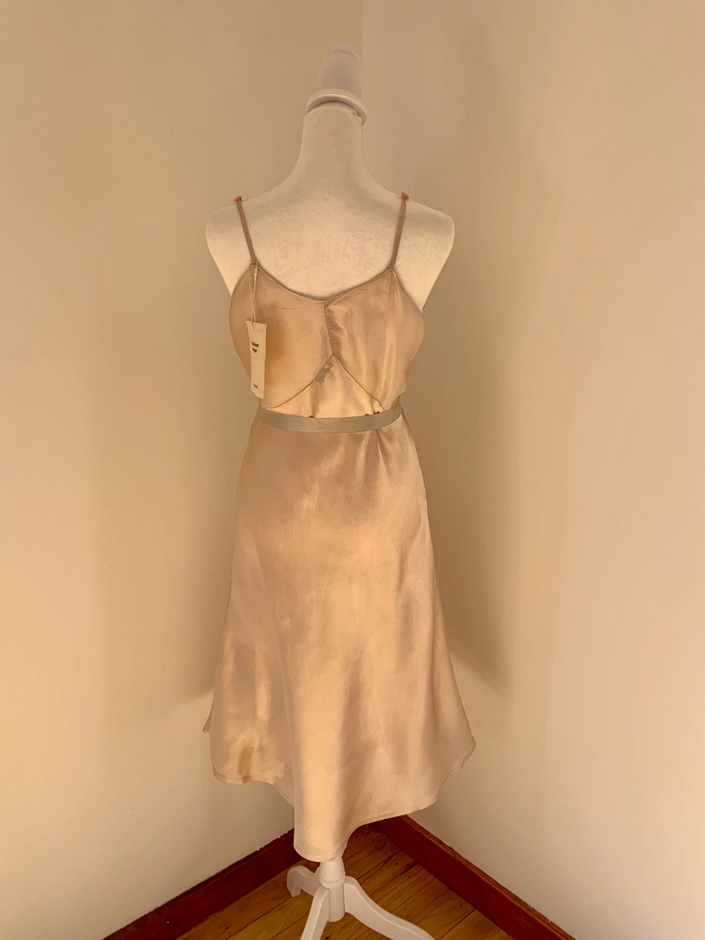 Vintage Silk Slip Dress – Hand Dyed Champagne and Grey with Lace Bodice & Satin Ribbon
 - 40Pi