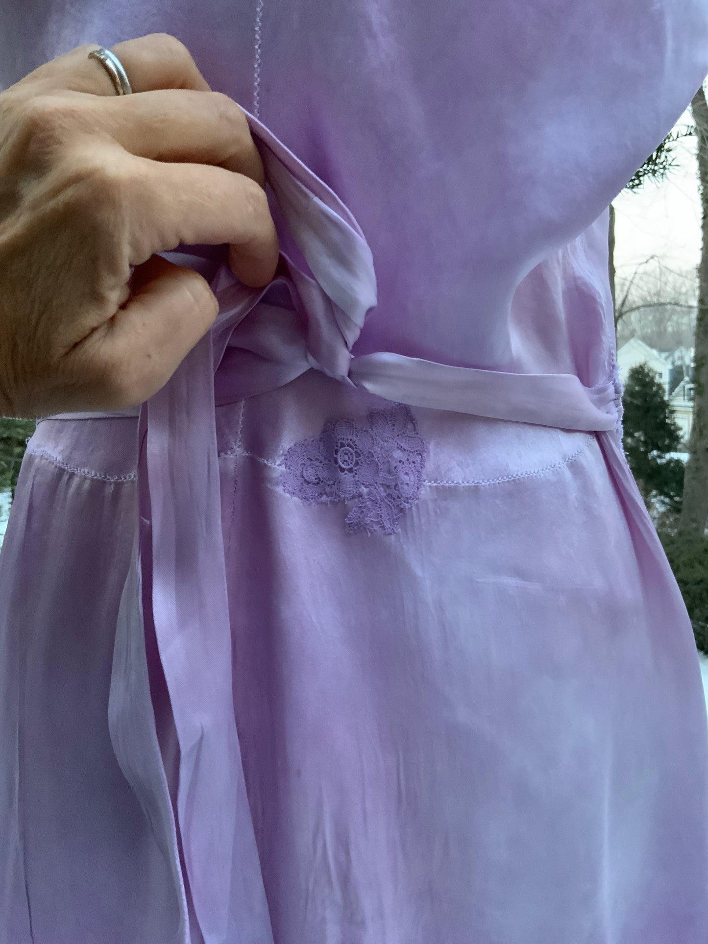 1970s Lilac Satin & Lace Gown – Hand Dyed Romantic Vintage Maxi Dress
 - 50V