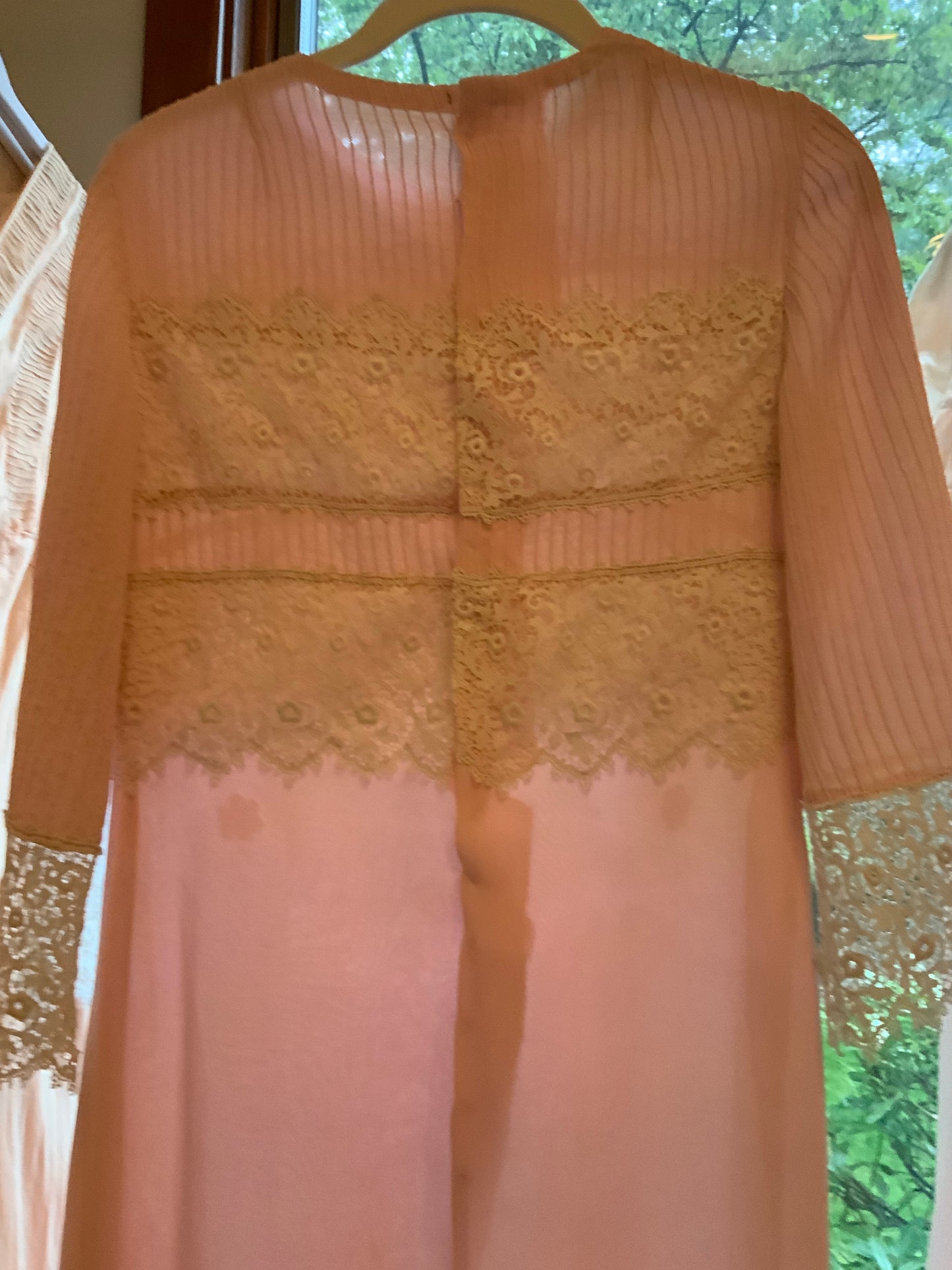 1970s Pink Lace Hostess Gown with Sheer Sleeves - 70BC