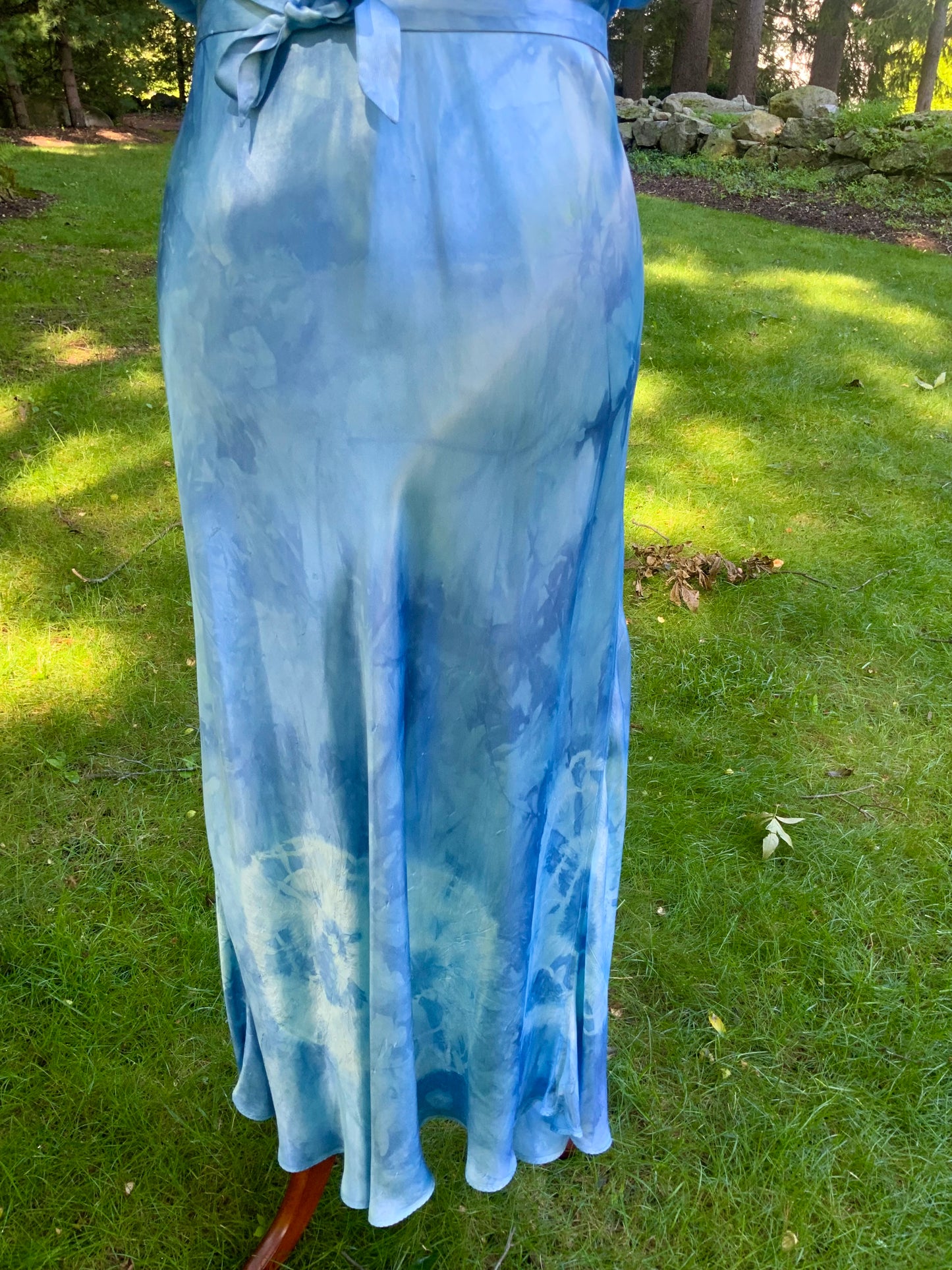 1930s Hand Dyed Blue Bias Cut Satin Nightgown with Lace.40BZ
