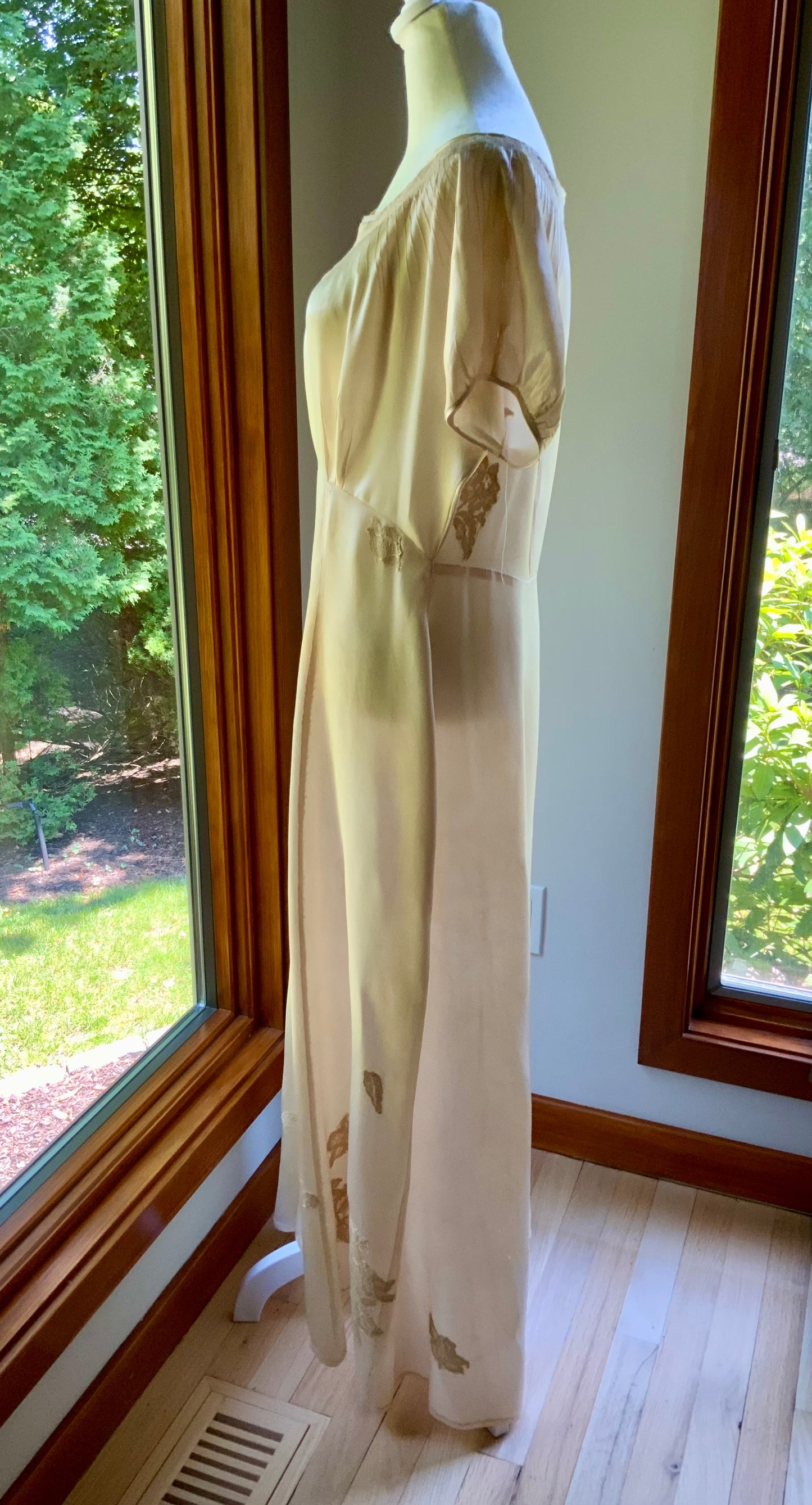 1930s Tea Dyed Silk Gown | Restored Antique Silk Lounge Dress | Lace Appliqué