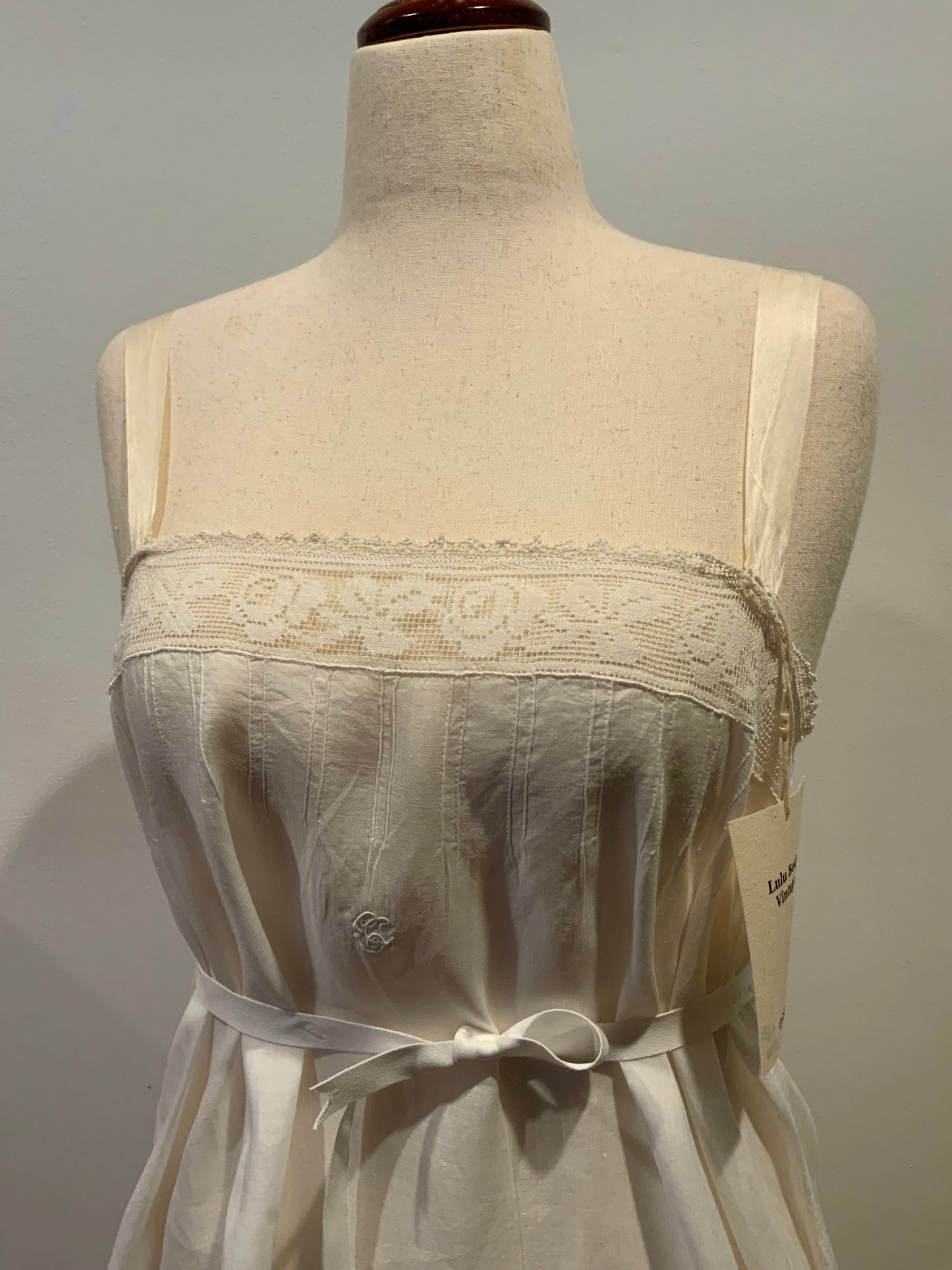 Antique Slip Dress - Filet Lace - Embroidered Initials E C - 1920 - 20C