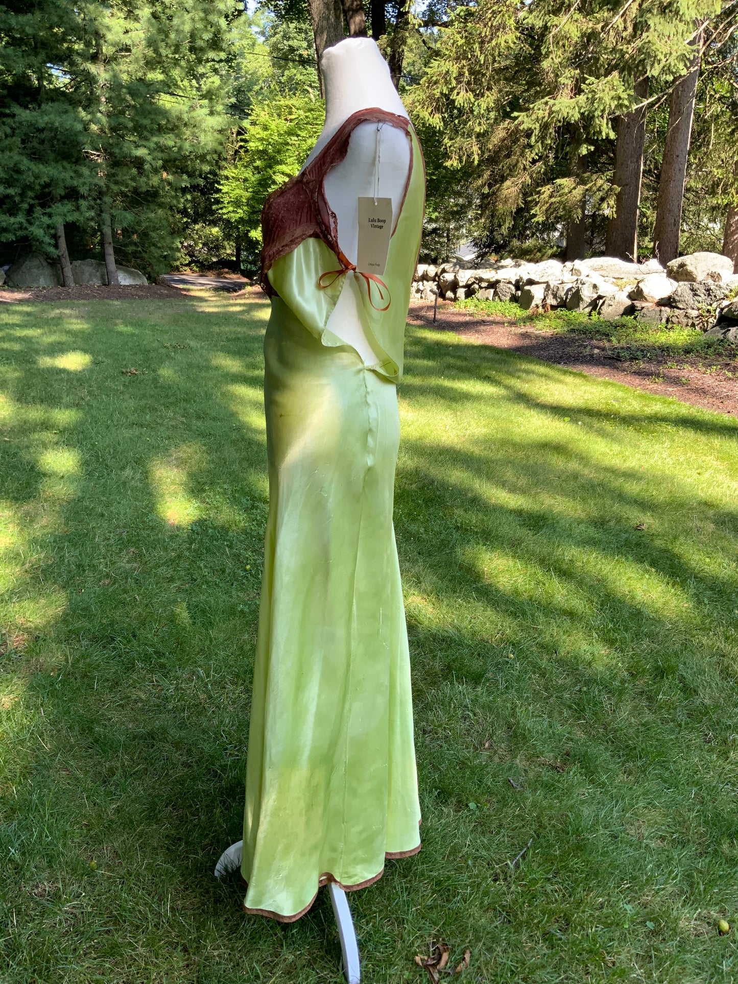 Hand Dyed Antique Silk Slip Dress Chartreuse Green Artist Reimagined 1930s 1940s Silk Nightgown One of a Kind Wearable Art-40C