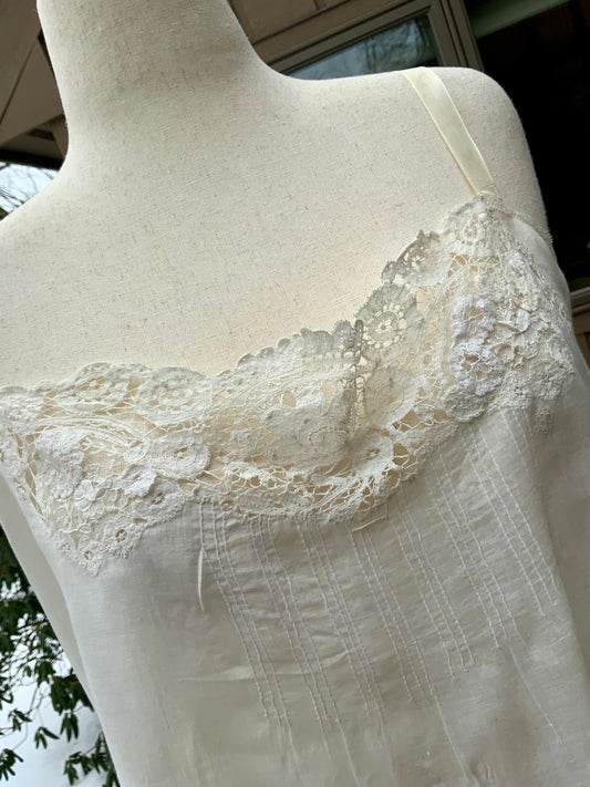 Edwardian Sheer Silk Slip Dress with Antique Lace Appliqué | Restored Vintage Lingerie Dress | 1910s–1920s-ED60