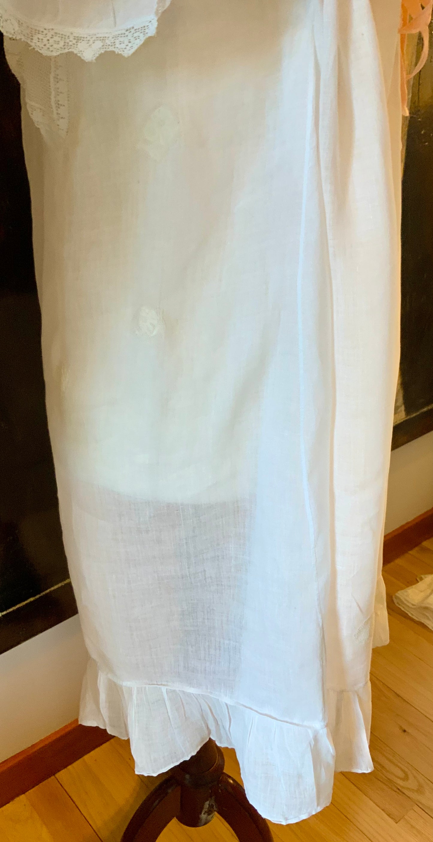 Antique Edwardian Cotton Nightgown “Carmela” Hand Repaired with Filet Lace Appliqués – Restored Heirloom Piece-ED81