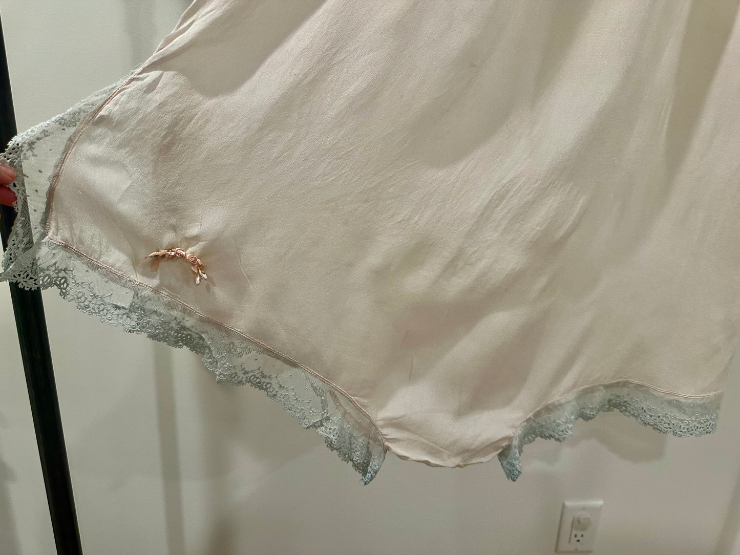 1920s–30s Pure Silk Teddy in Blush Pink with Powder-Blue Lace & Rare Antique Appliqués – Bridal Lingerie - 20AQ