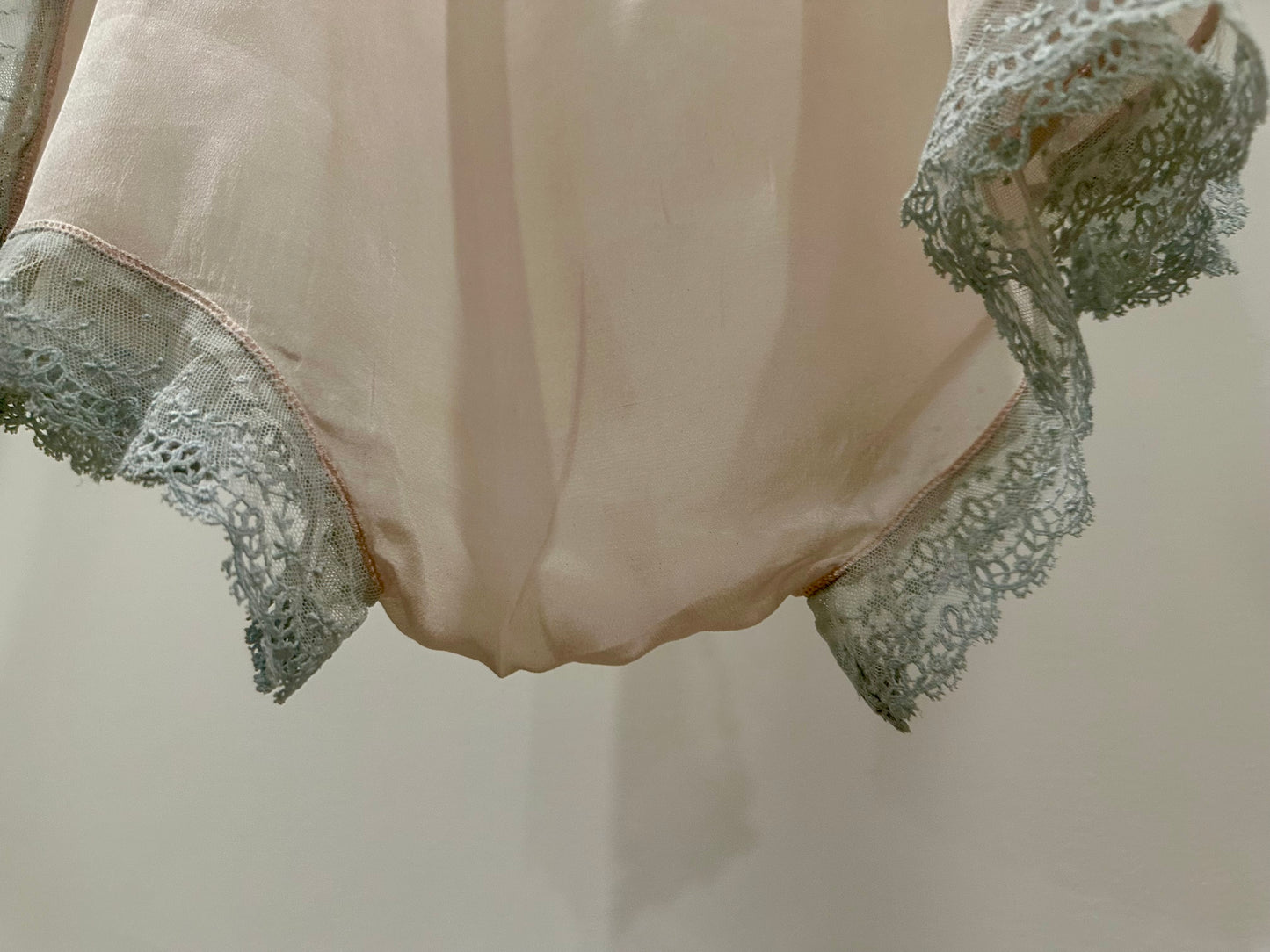 1920s–30s Pure Silk Teddy in Blush Pink with Powder-Blue Lace & Rare Antique Appliqués – Bridal Lingerie - 20AQ